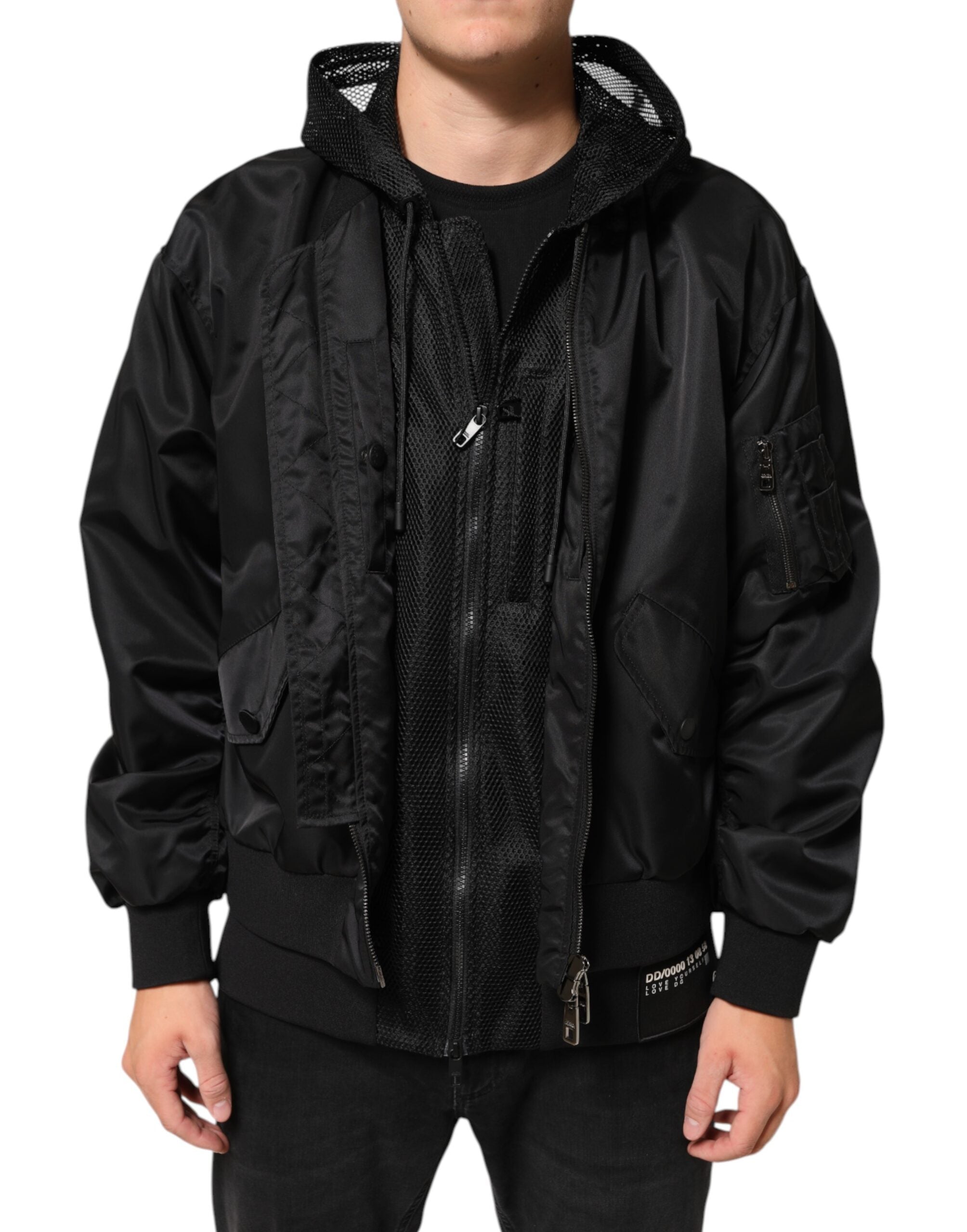 Dolce & Gabbana Schwarze Nylon Bomberjacke mit Kapuze und durchgehendem Reißverschluss für Herren