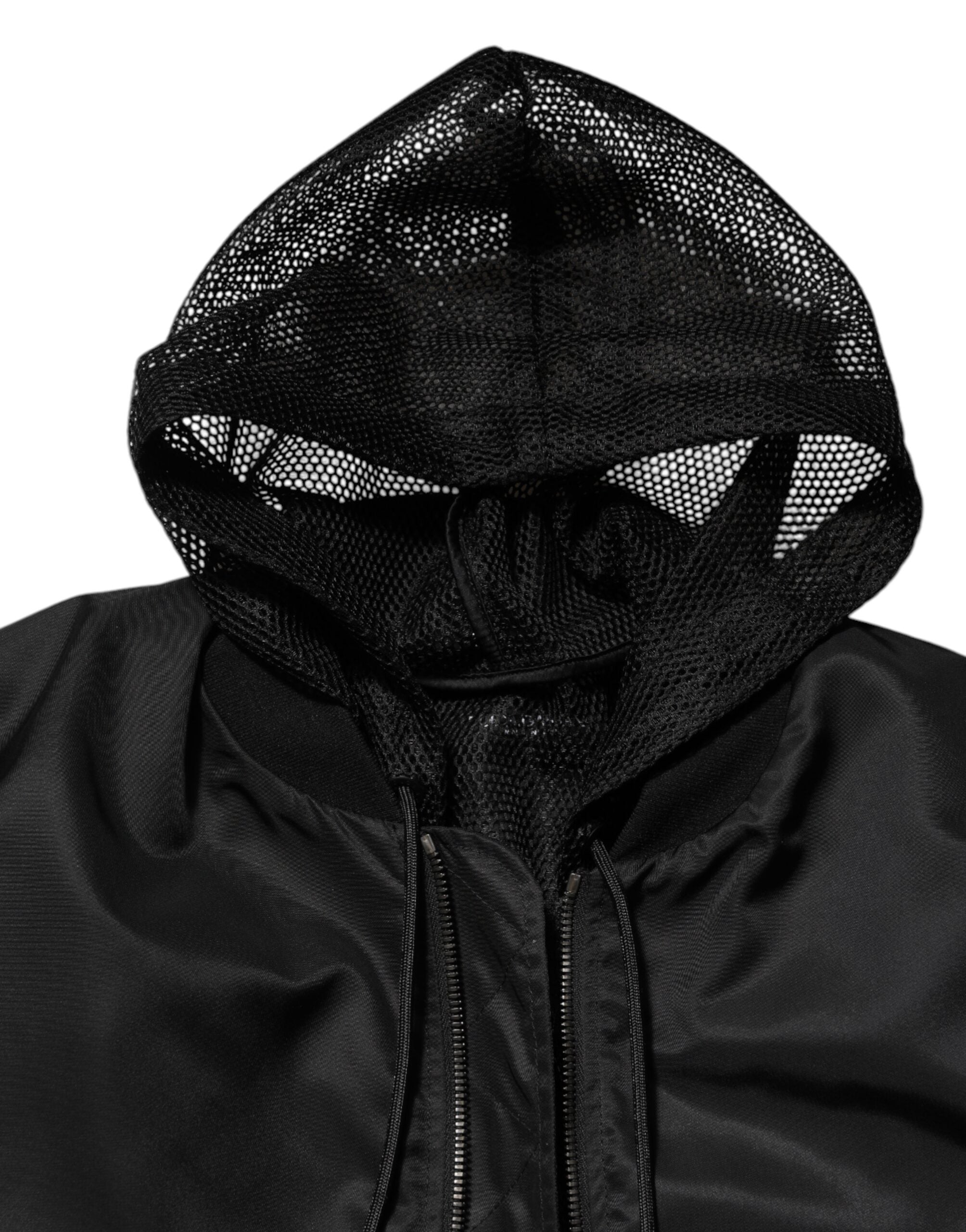 Dolce & Gabbana Schwarze Nylon Bomberjacke mit Kapuze und durchgehendem Reißverschluss für Herren