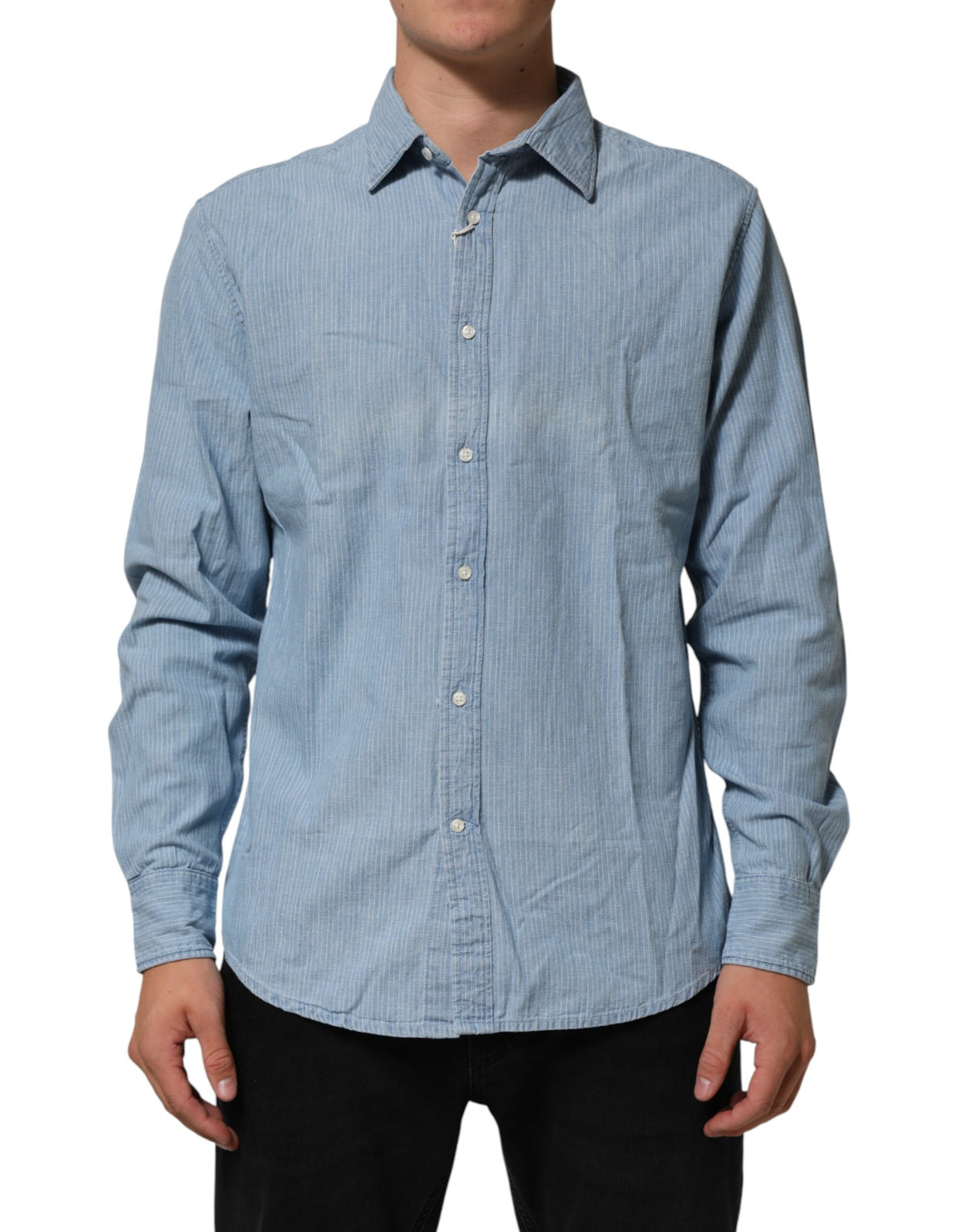 Deperlu Herrenhemd aus blauem Denim, normale Passform, Kragen, lange Ärmel