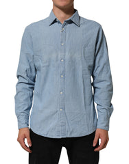 Deperlu Herrenhemd aus blauem Denim, normale Passform, Kragen, lange Ärmel
