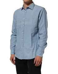 Deperlu Herrenhemd aus blauem Denim, normale Passform, Kragen, lange Ärmel