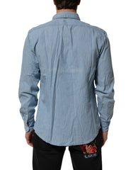 Deperlu Herrenhemd aus blauem Denim, normale Passform, Kragen, lange Ärmel
