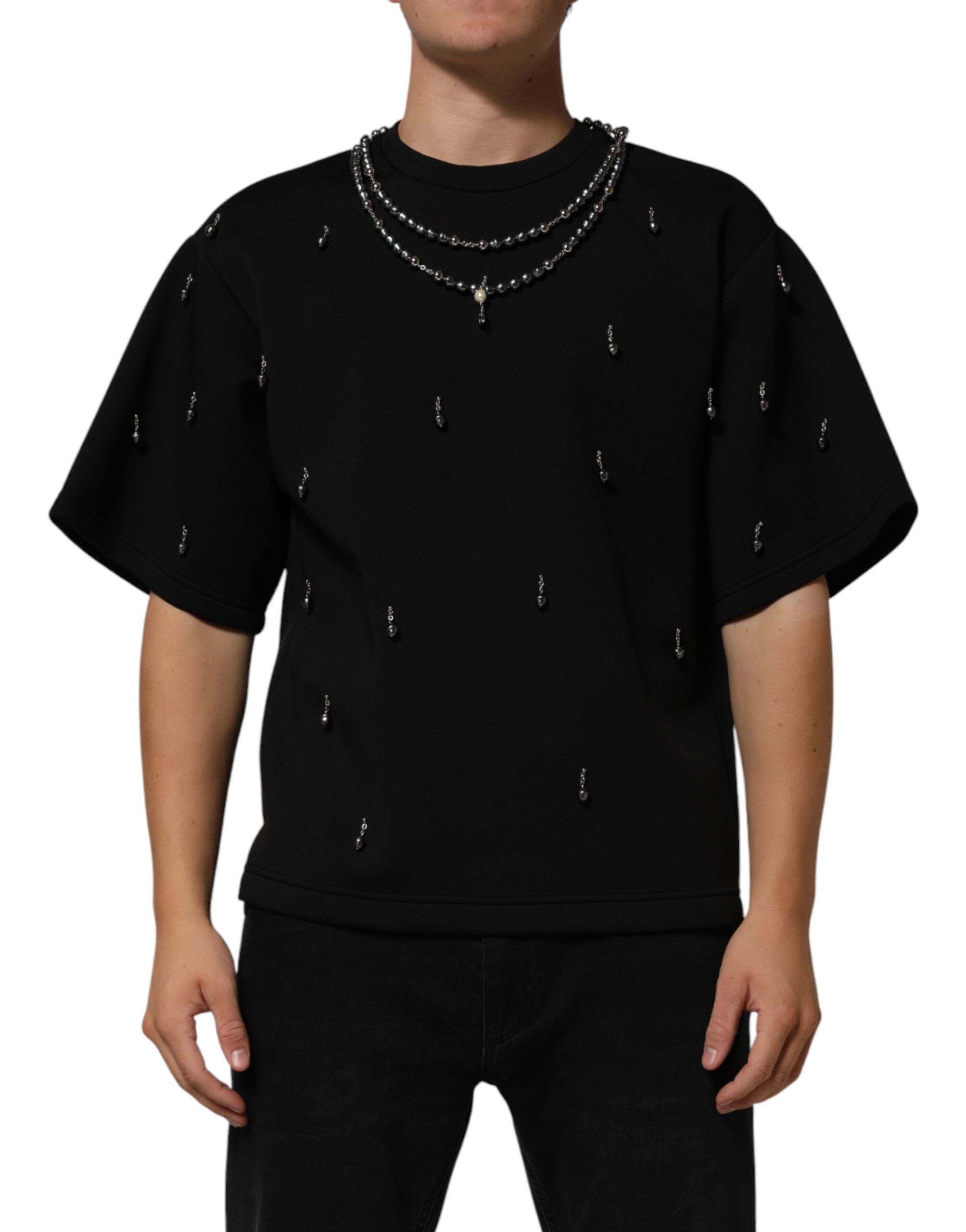 Dolce & Gabbana Schwarzes T-Shirt aus Polyester mit Halskettenbesatz