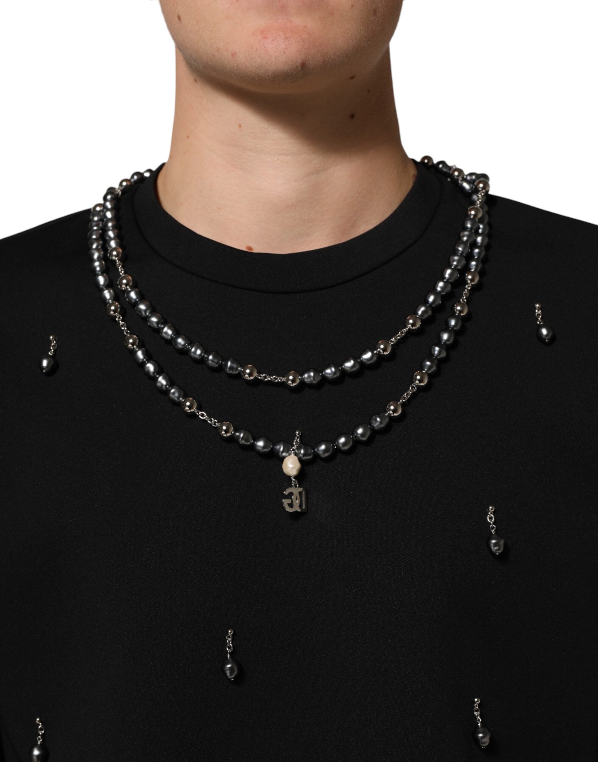 Dolce & Gabbana Schwarzes T-Shirt aus Polyester mit Halskettenbesatz
