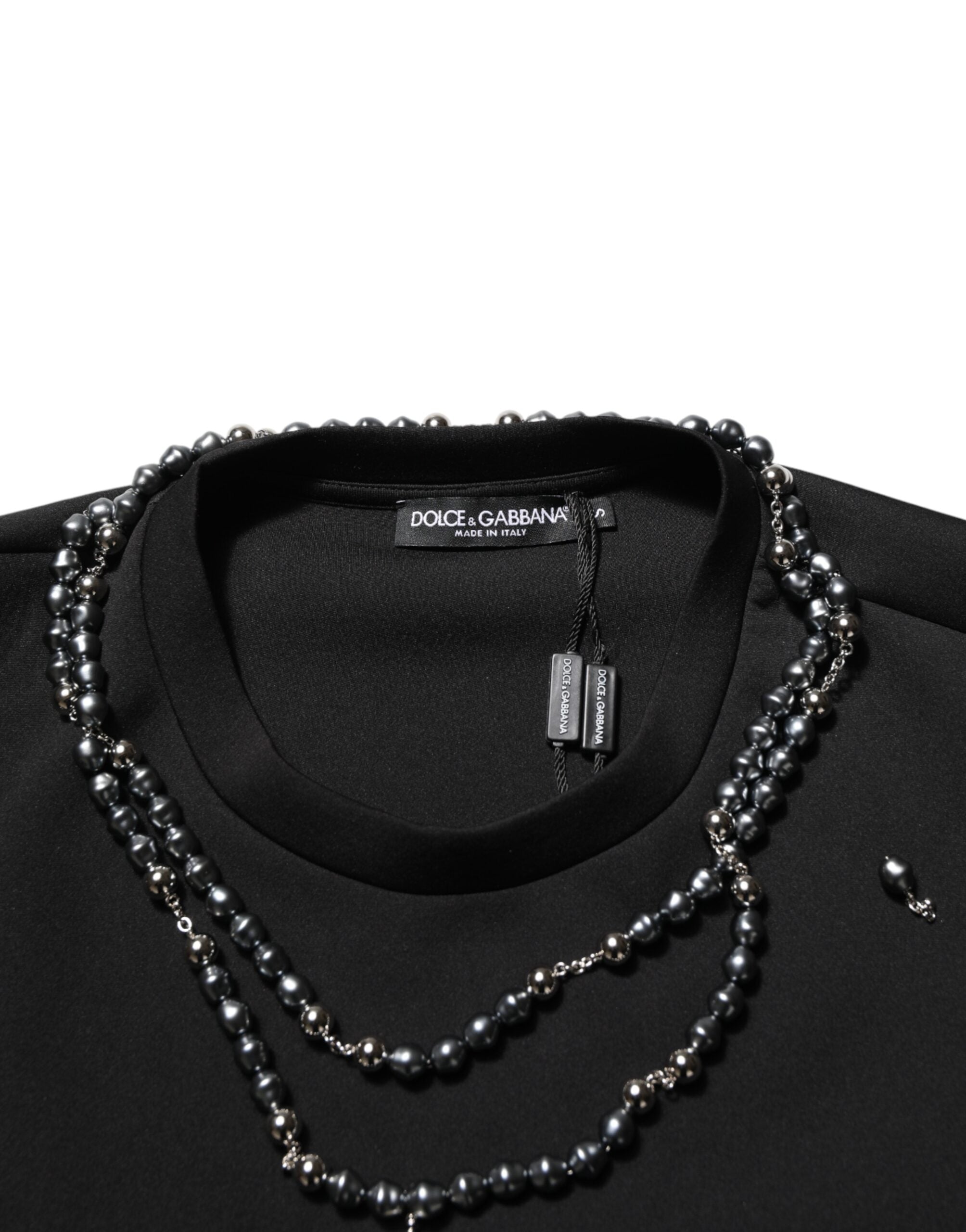 Dolce & Gabbana Schwarzes T-Shirt aus Polyester mit Halskettenbesatz