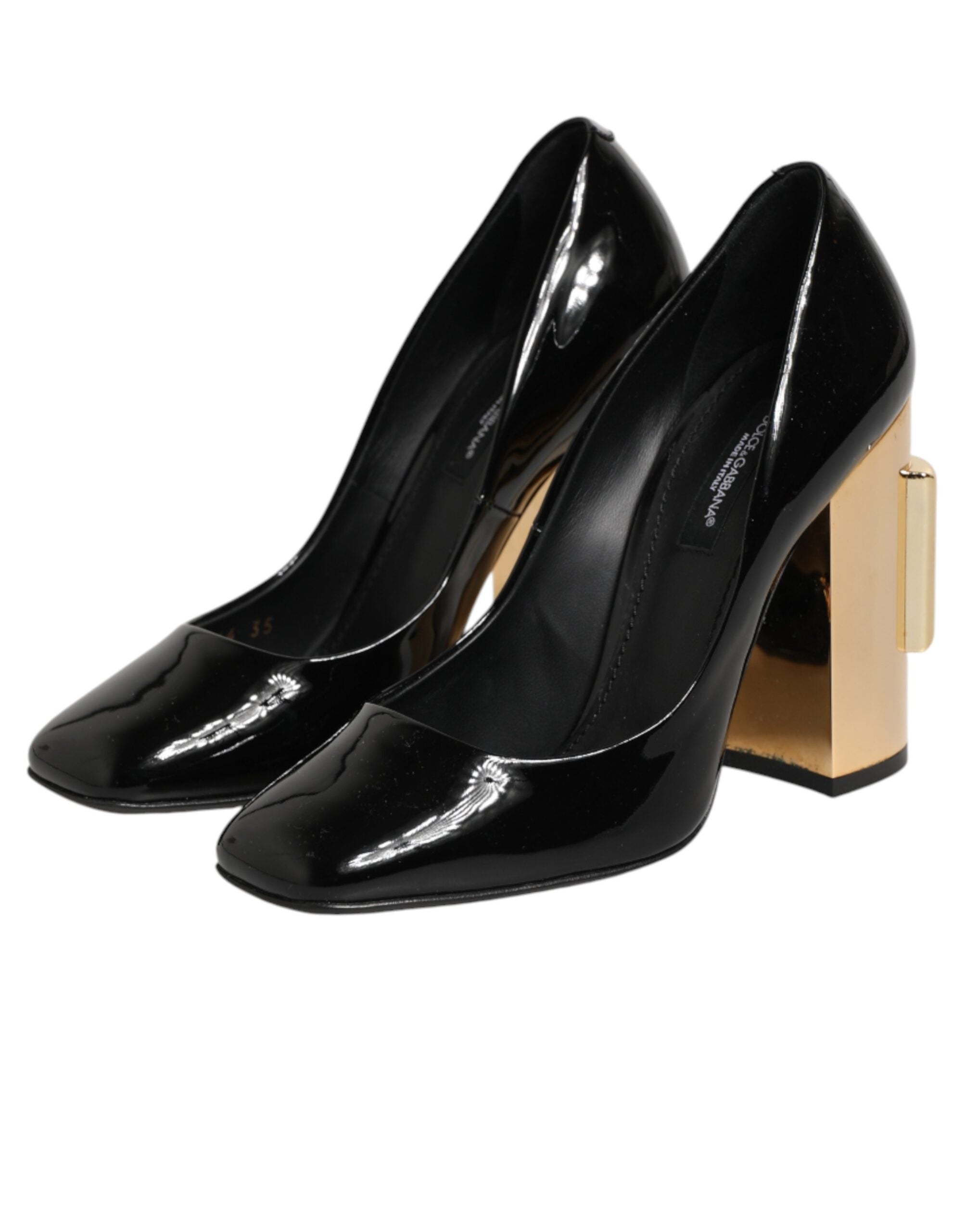 Dolce & Gabbana Schwarze Goldene Lackleder Logo Absätze Pumps Schuhe