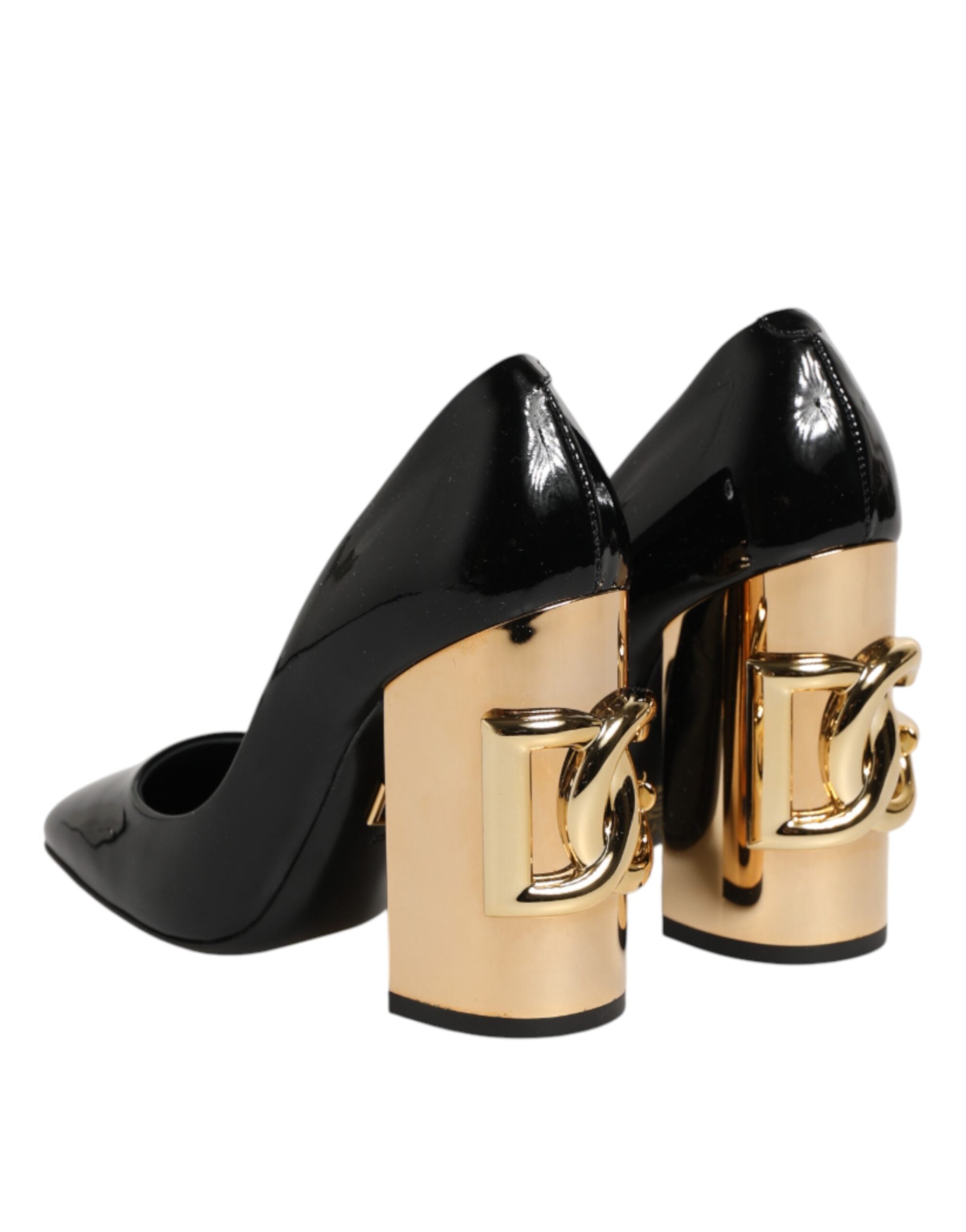 Dolce & Gabbana Schwarze Goldene Lackleder Logo Absätze Pumps Schuhe