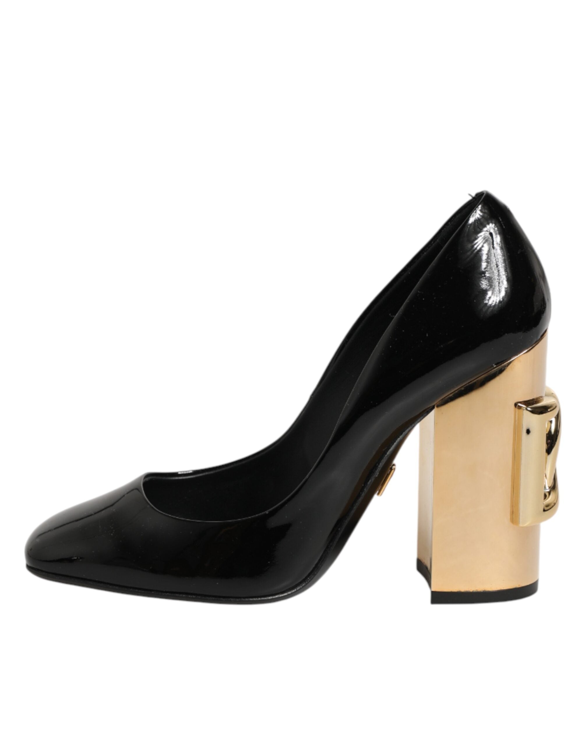 Dolce & Gabbana Schwarze Goldene Lackleder Logo Absätze Pumps Schuhe
