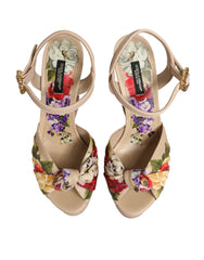 Dolce & Gabbana Beige Florale Keilabsatz-Sandalen mit Knöchelriemen