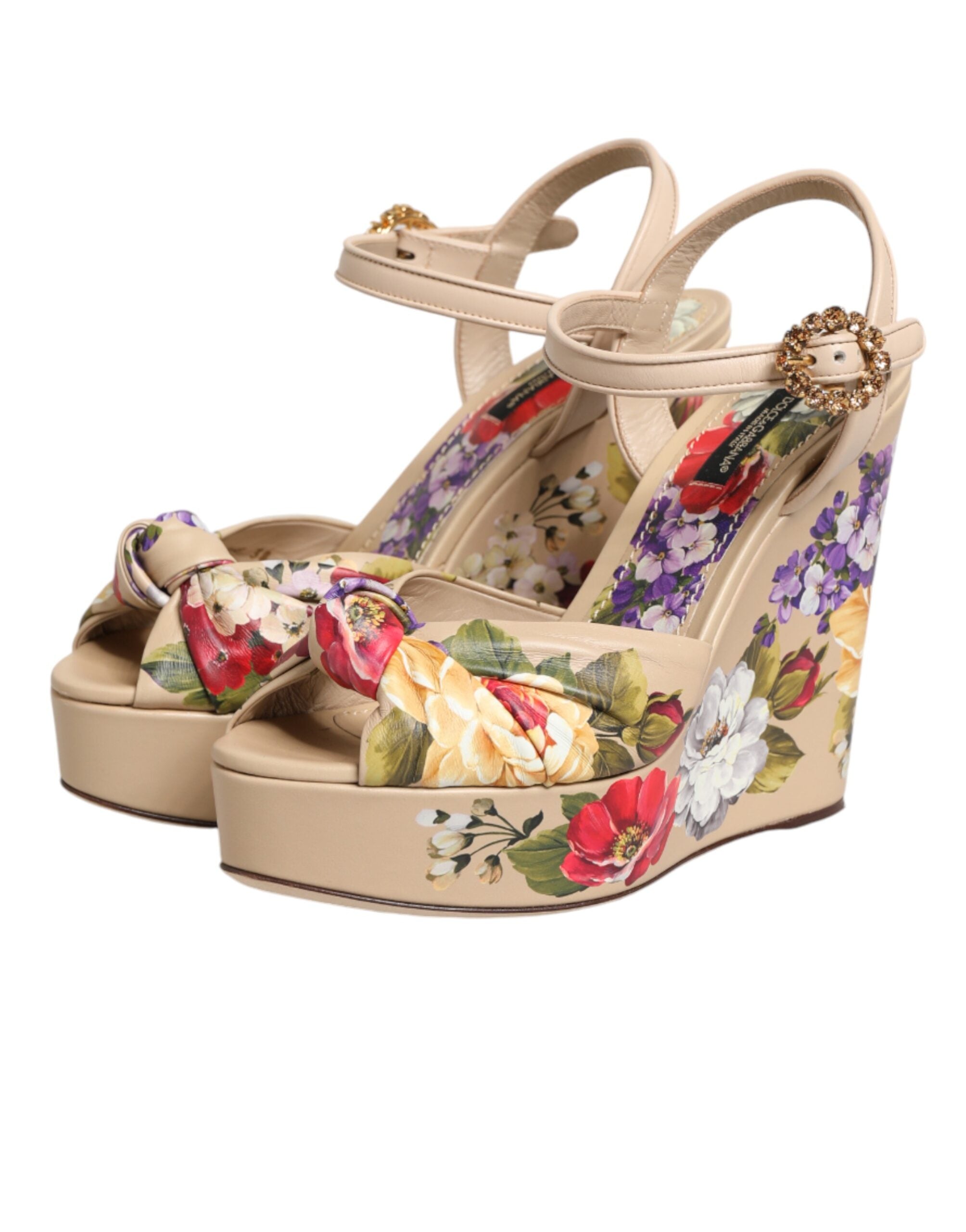 Dolce & Gabbana Beige Florale Keilabsatz-Sandalen mit Knöchelriemen
