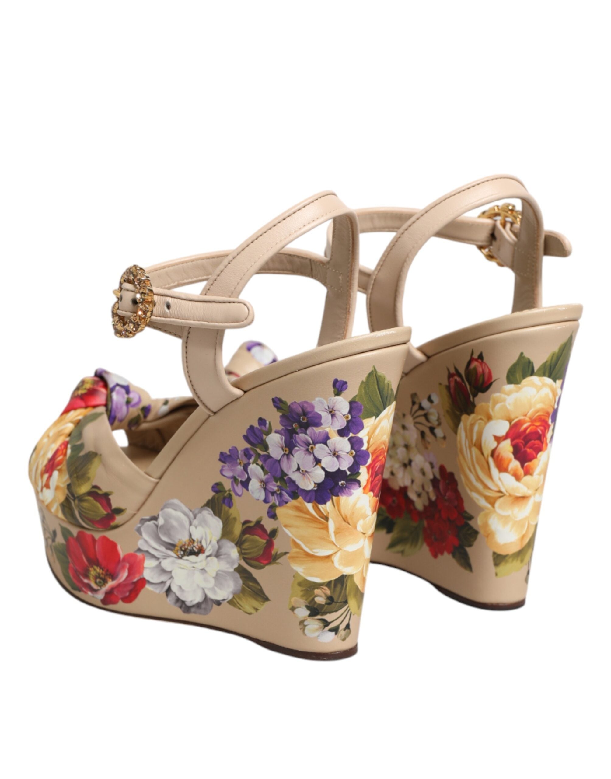 Dolce & Gabbana Beige Florale Keilabsatz-Sandalen mit Knöchelriemen