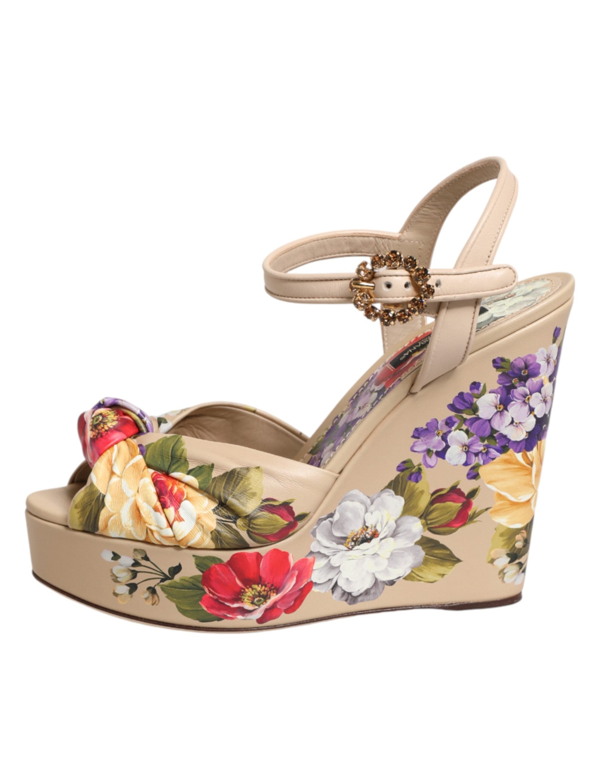 Dolce & Gabbana Beige Florale Keilabsatz-Sandalen mit Knöchelriemen