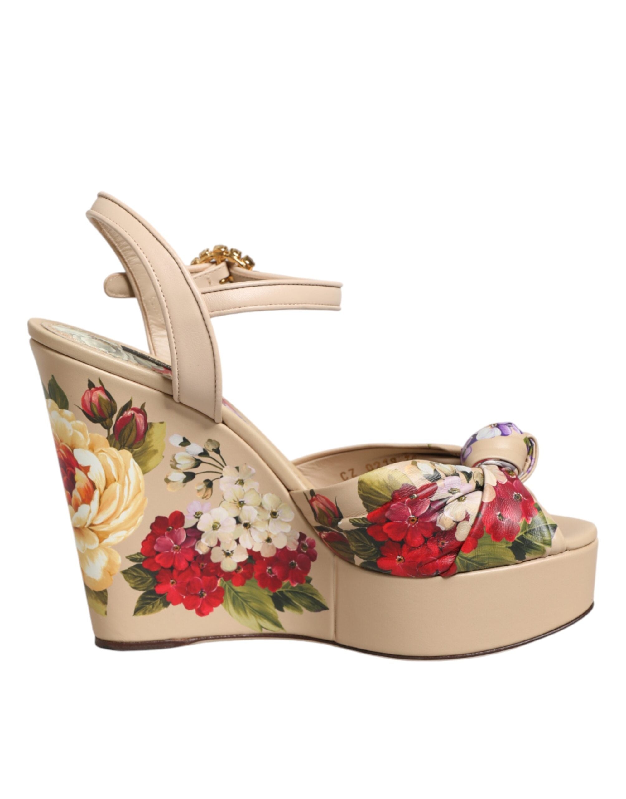 Dolce & Gabbana Beige Florale Keilabsatz-Sandalen mit Knöchelriemen