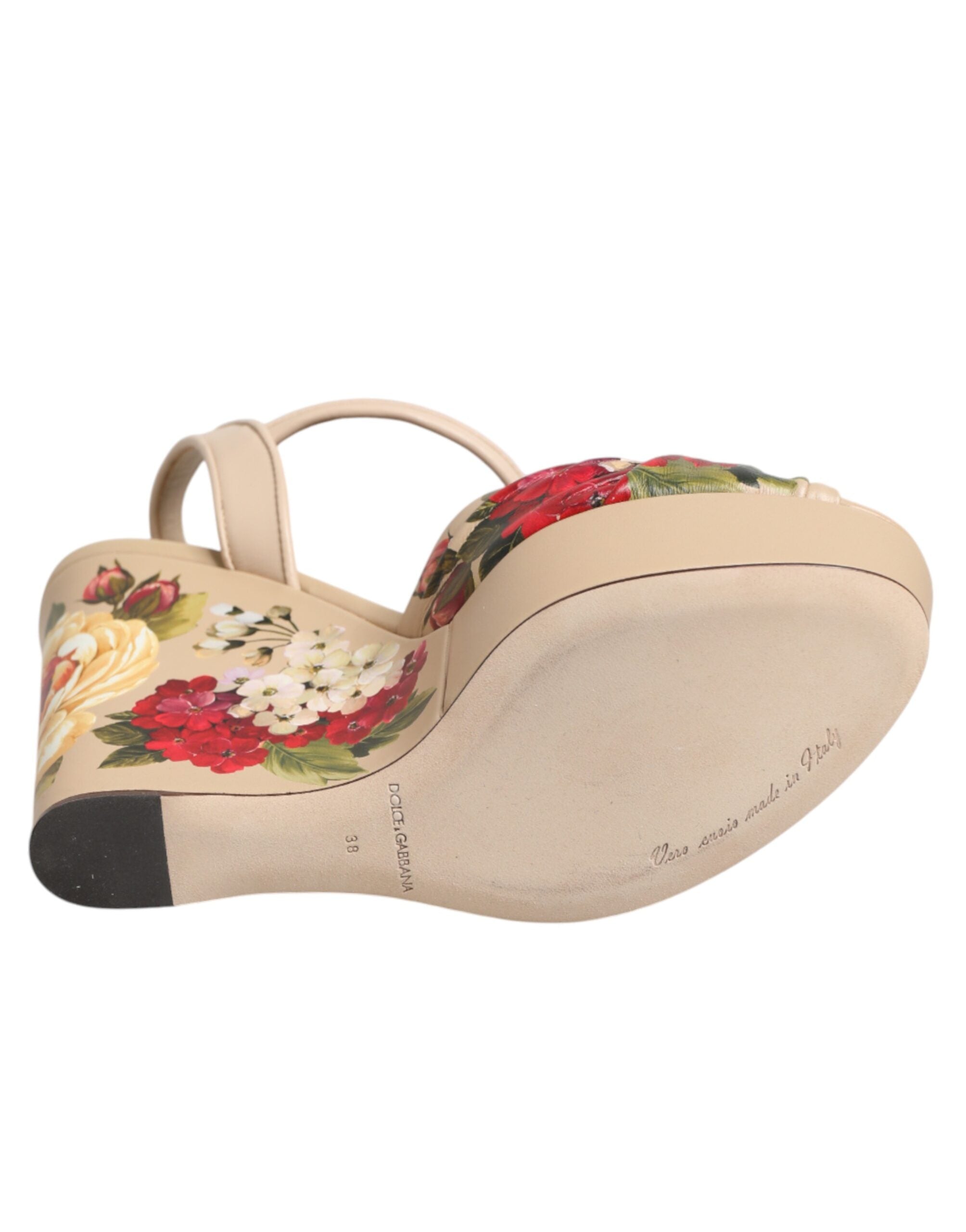 Dolce & Gabbana Beige Florale Keilabsatz-Sandalen mit Knöchelriemen