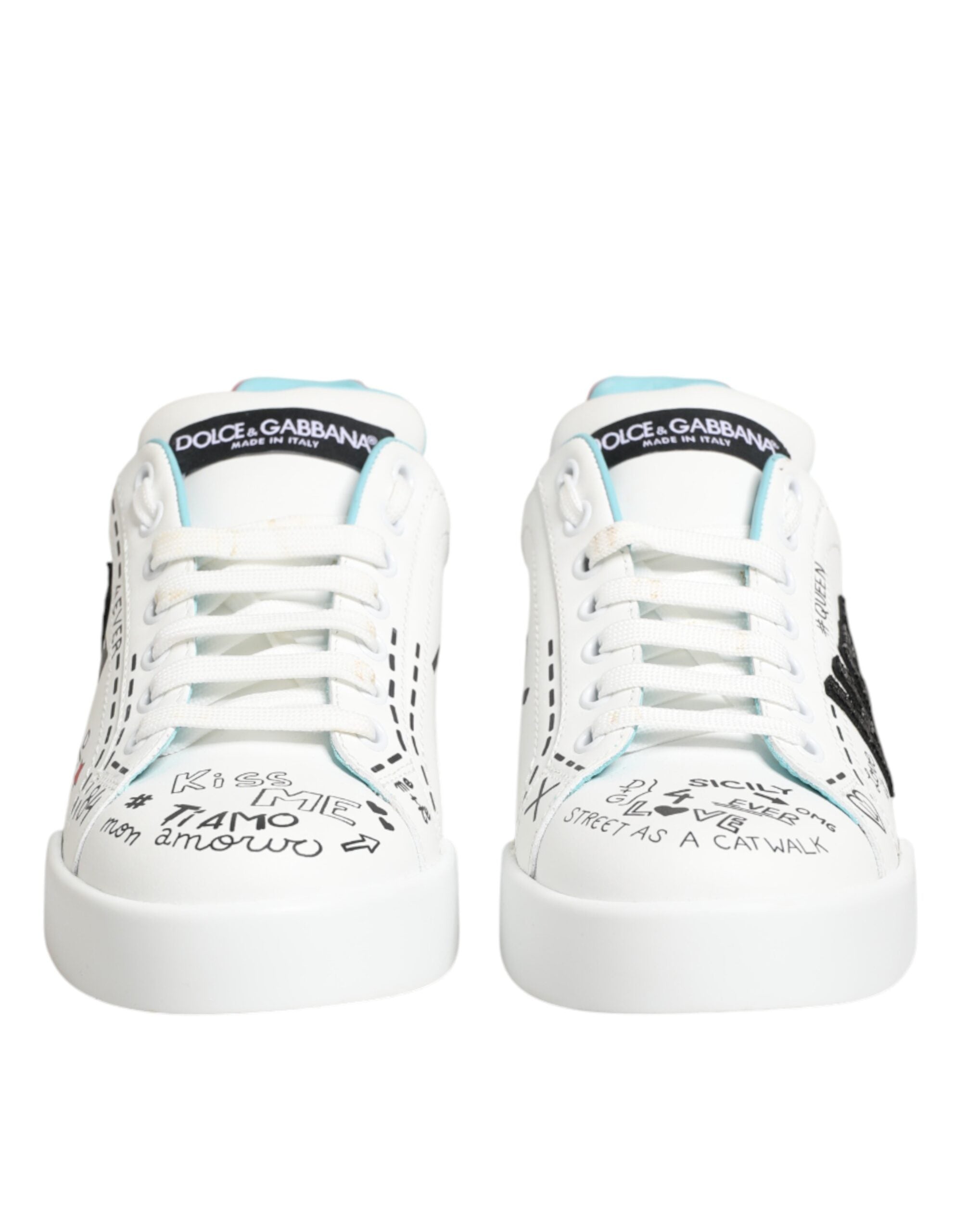 Dolce & Gabbana Weiße Leder Graffiti Low Top Sneaker Schuhe
