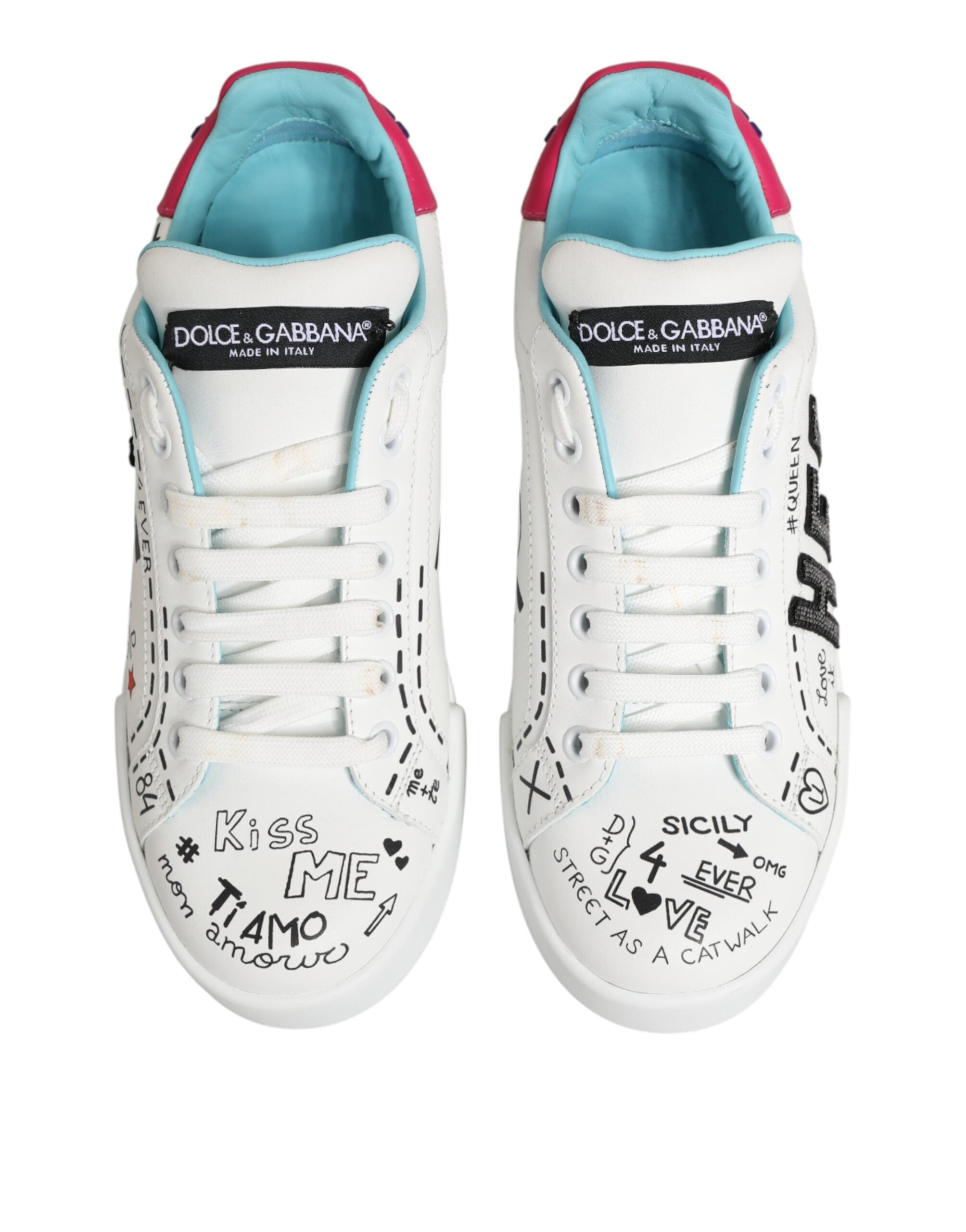 Dolce & Gabbana Weiße Leder Graffiti Low Top Sneaker Schuhe