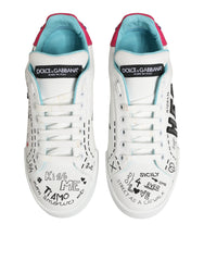 Dolce & Gabbana Weiße Leder Graffiti Low Top Sneaker Schuhe