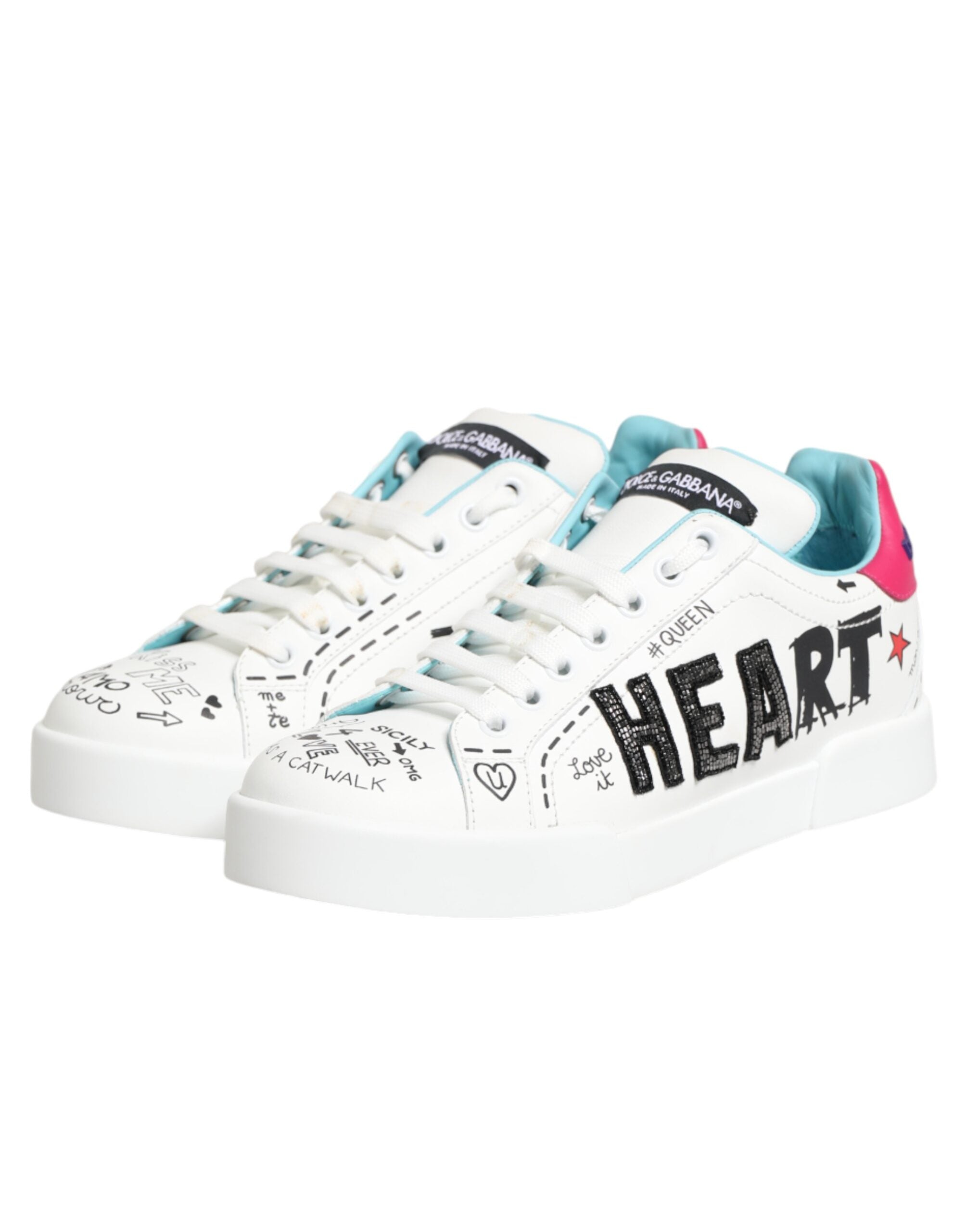 Dolce & Gabbana Weiße Leder Graffiti Low Top Sneaker Schuhe