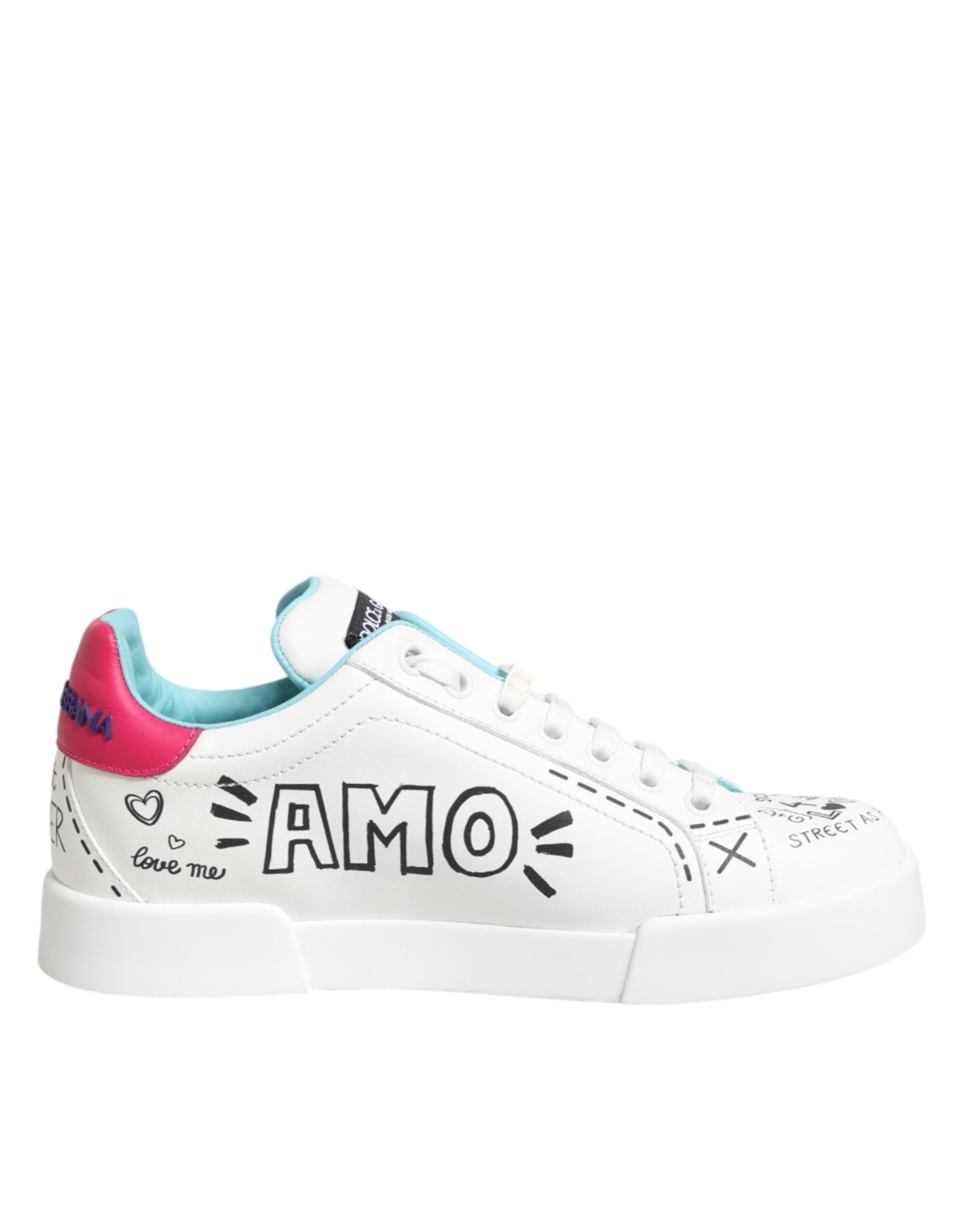 Dolce & Gabbana Weiße Leder Graffiti Low Top Sneaker Schuhe