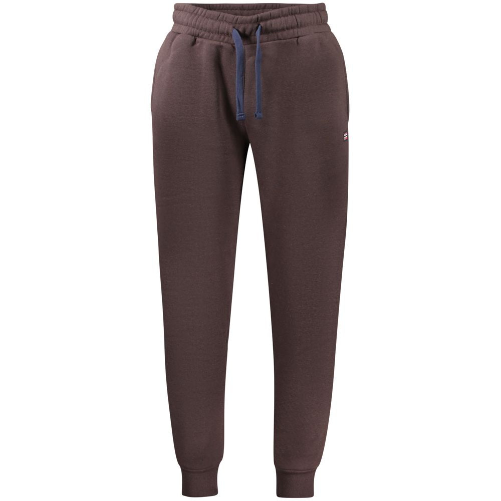 Brown sweatpants with a blue drawstring on a white background