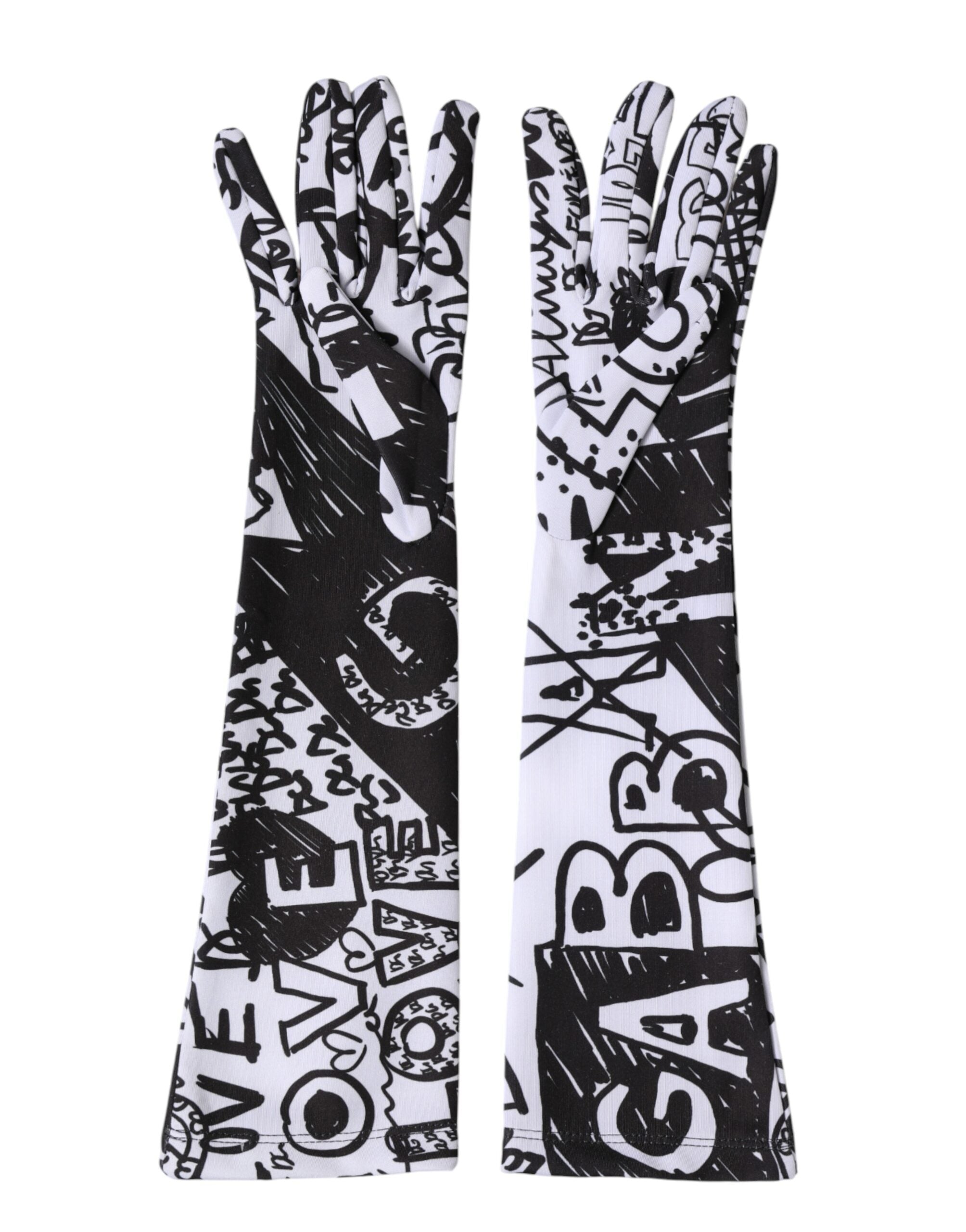 Dolce & Gabbana Handschuhe Schwarz Weiß DG Logo Ellbogenlang Fäustling