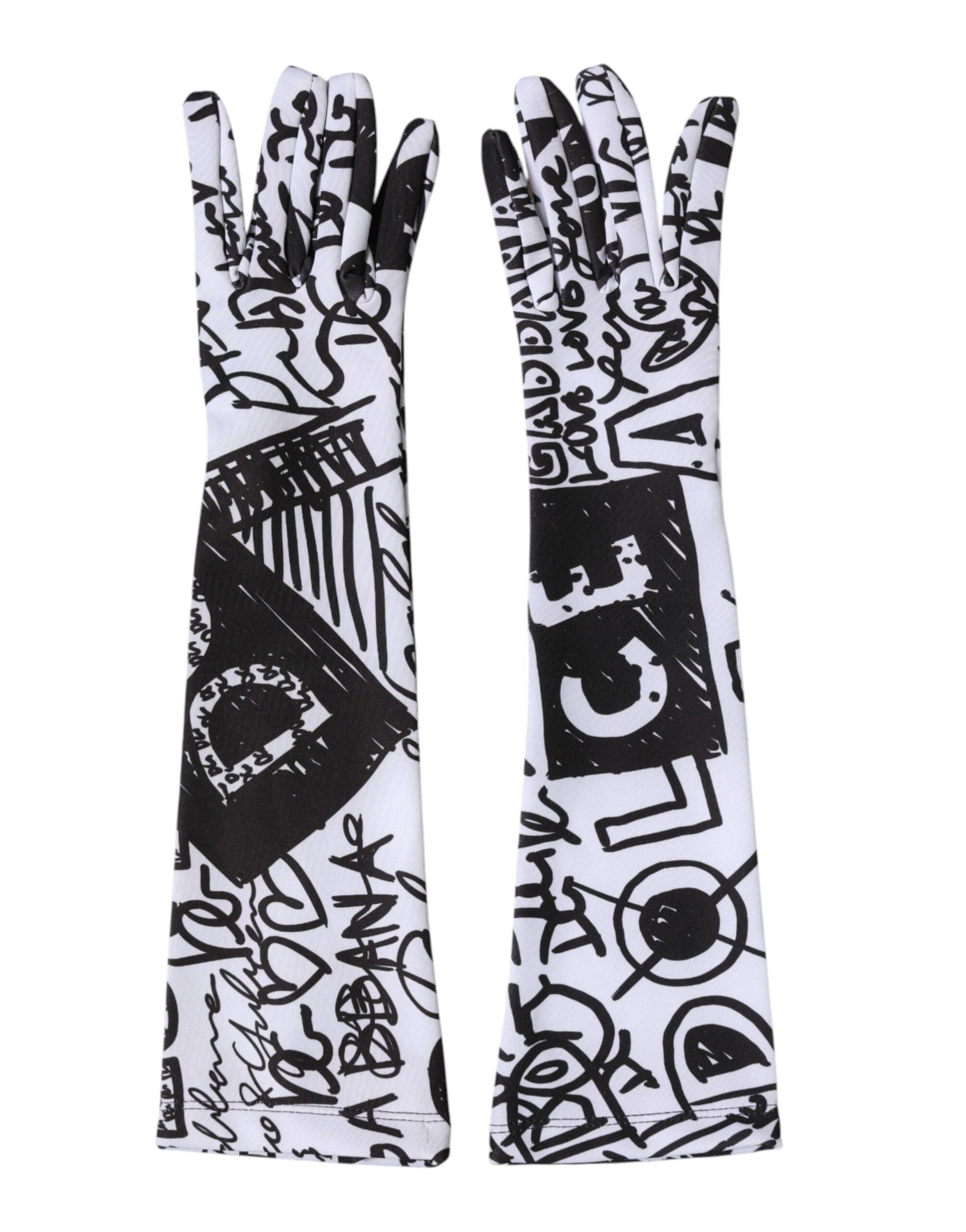 Dolce & Gabbana Handschuhe Schwarz Weiß DG Logo Ellbogenlang Fäustling