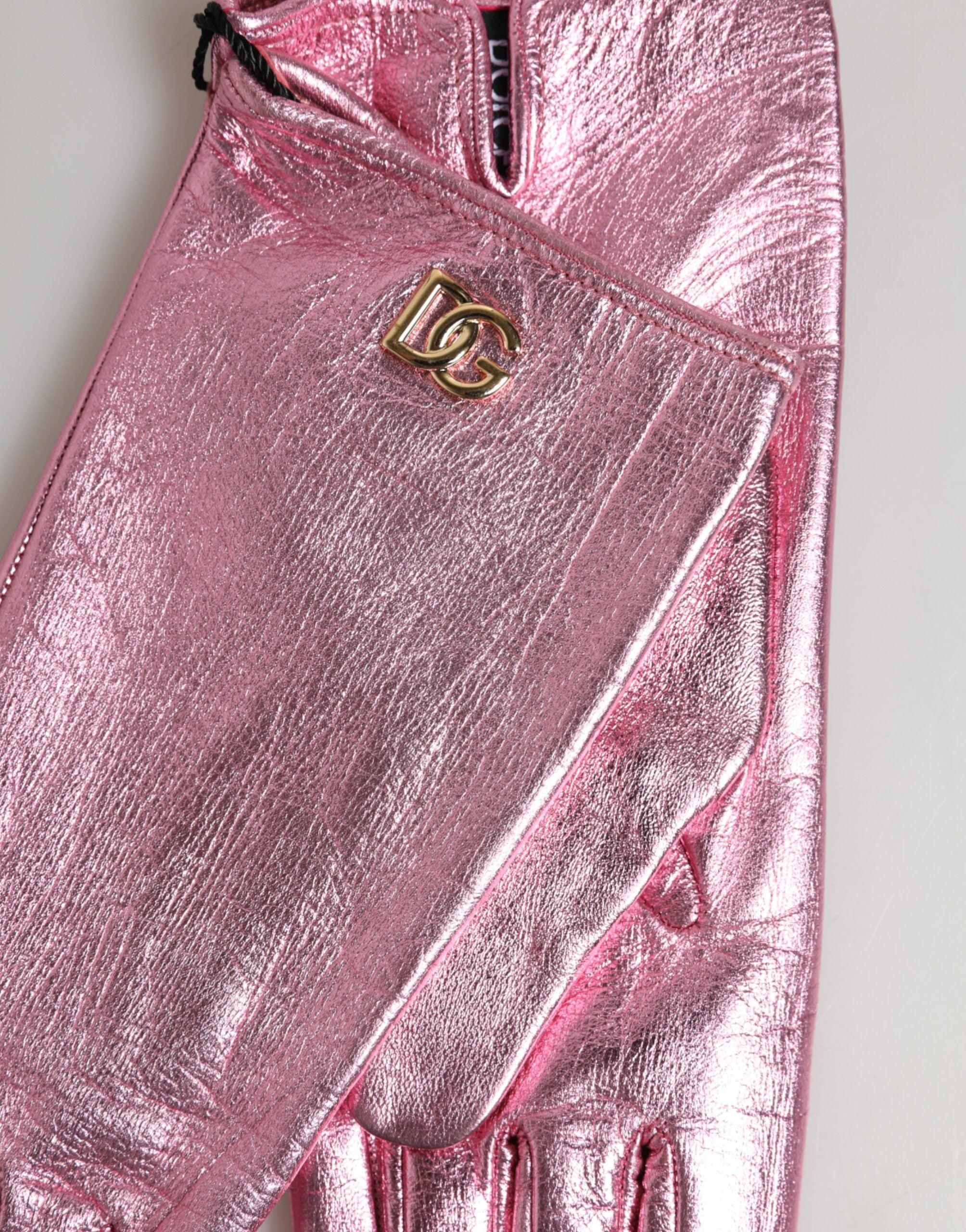 Dolce & Gabbana Pinke Leder-Fäustlinge mit DG-Logo in Handgelenkslänge