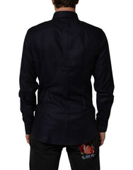 Dolce & Gabbana Blue Cotton Collared Long Sleeve GOLD Men Dress Shirt