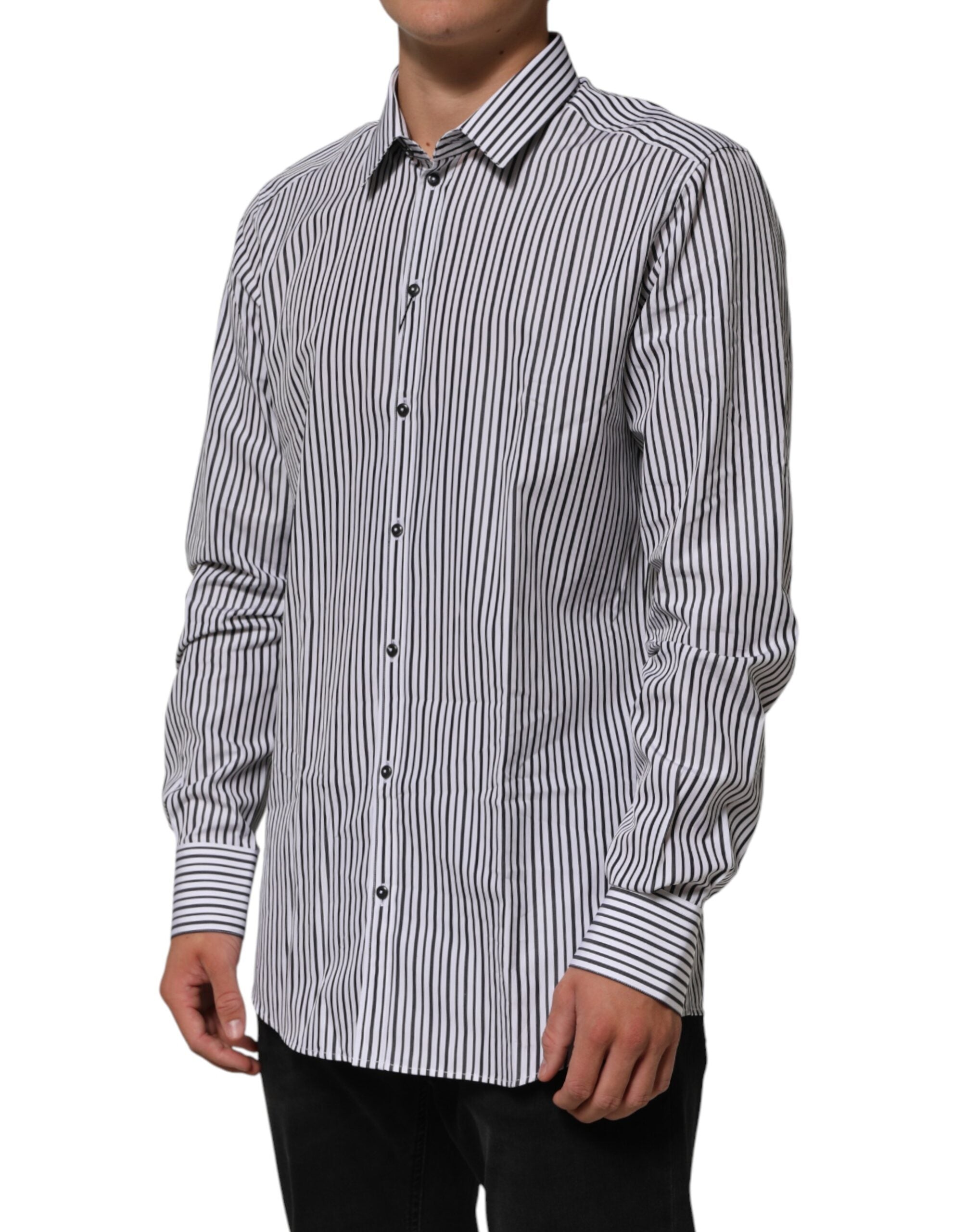 Dolce & Gabbana Black White Stripes Men GOLD Dress Shirt