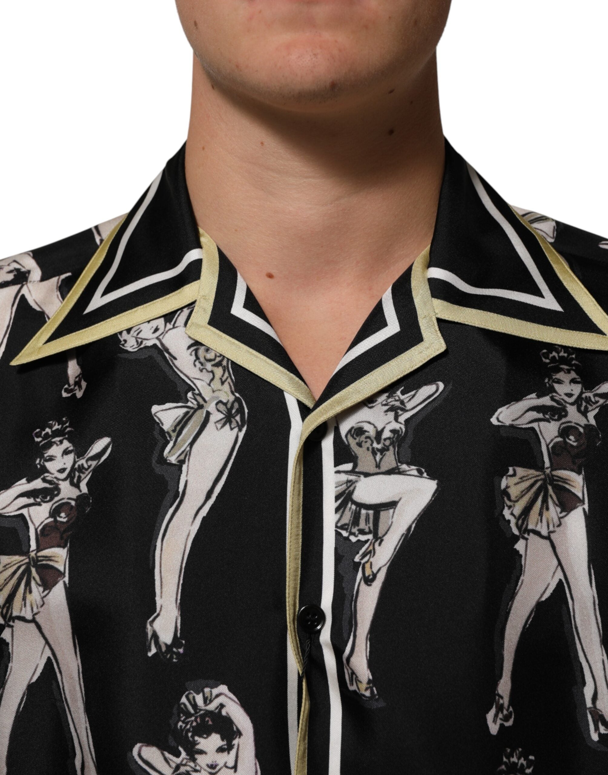 Dolce & Gabbana Zwarte Zijden Overhemd Met Pin-up Print