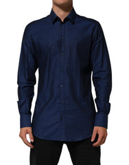 Dolce & Gabbana Blaues Baumwollhemd mit Kragen Herren GOLD Anzughemd