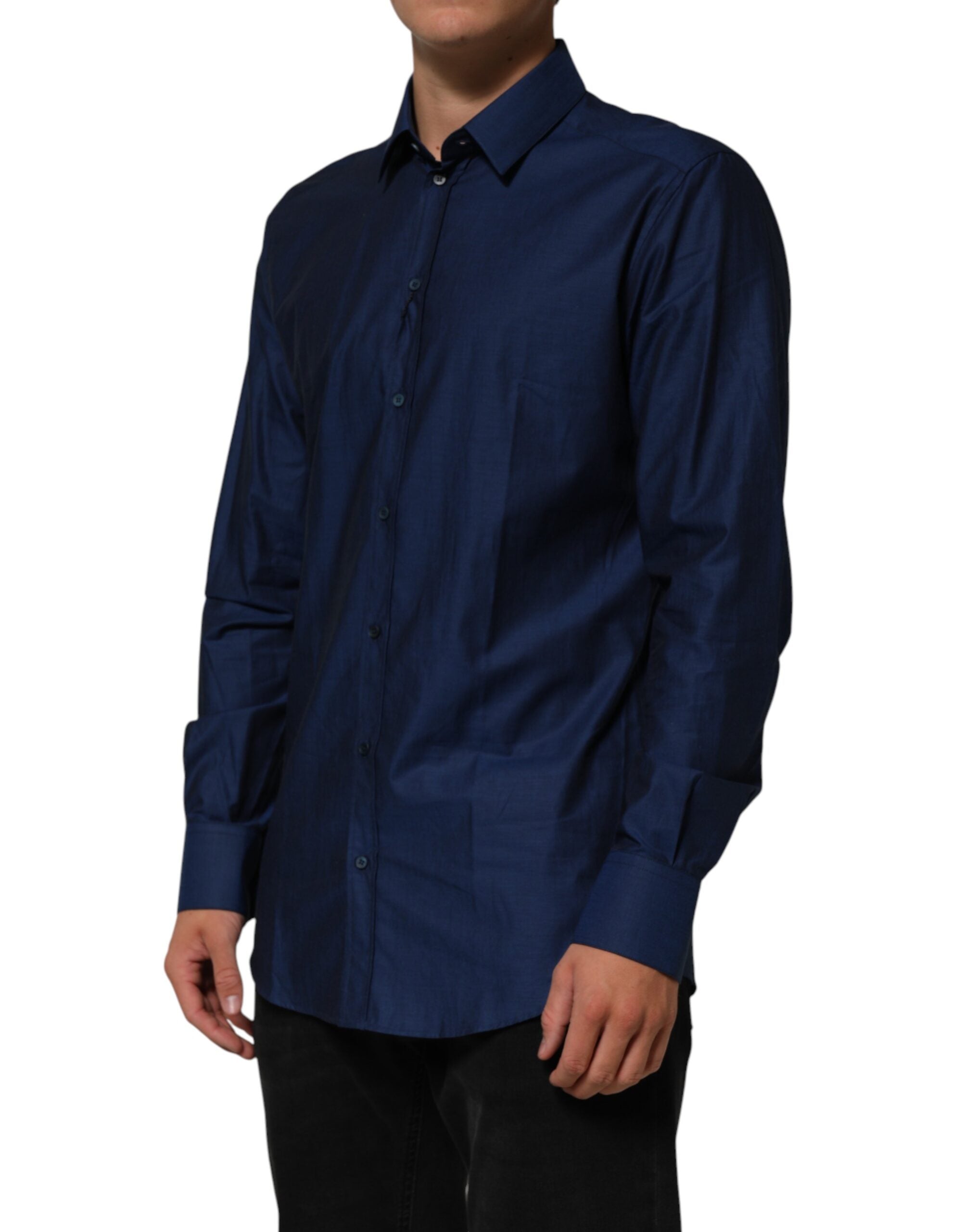 Dolce & Gabbana Blaues Baumwollhemd mit Kragen Herren GOLD Anzughemd