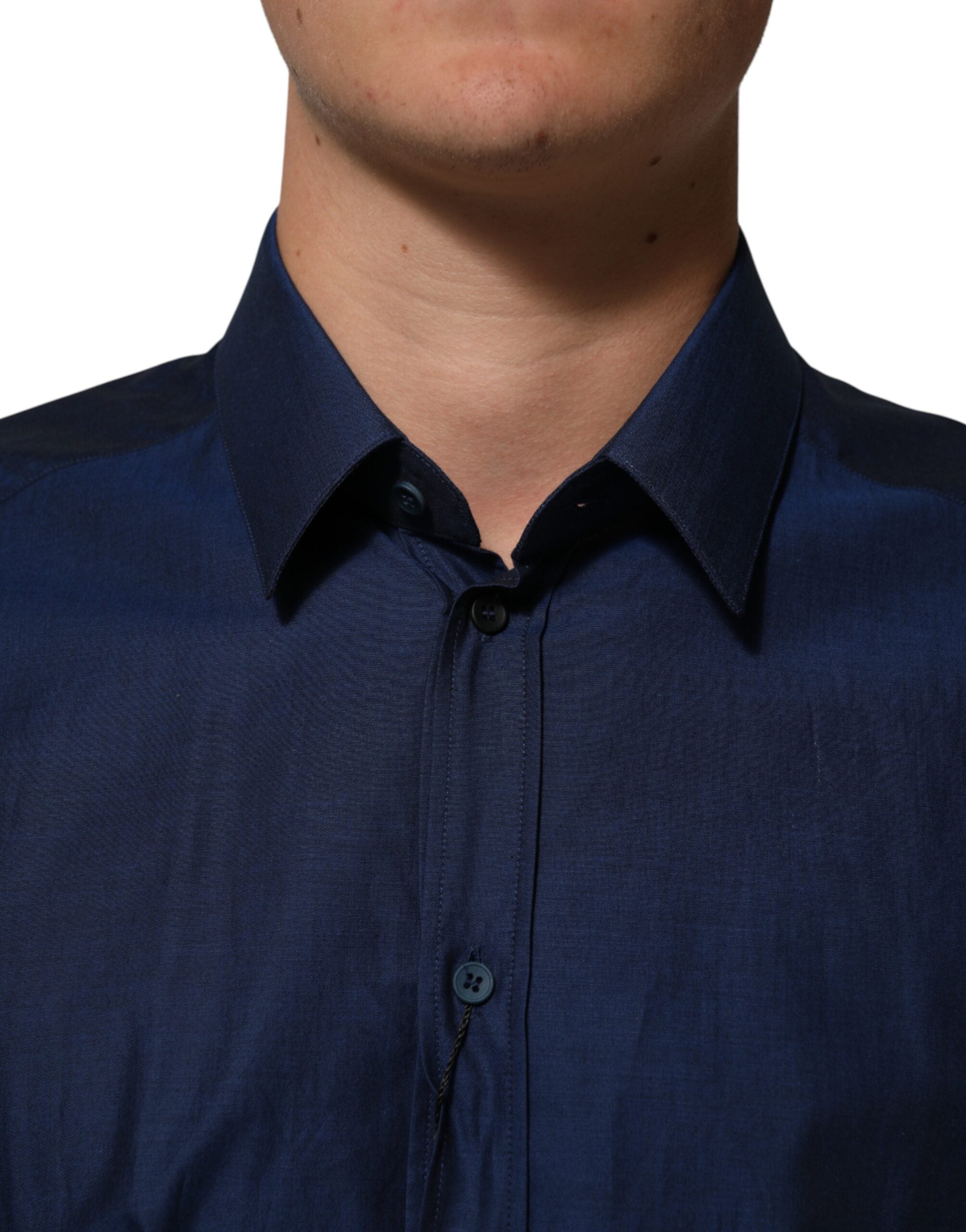 Dolce & Gabbana Blaues Baumwollhemd mit Kragen Herren GOLD Anzughemd