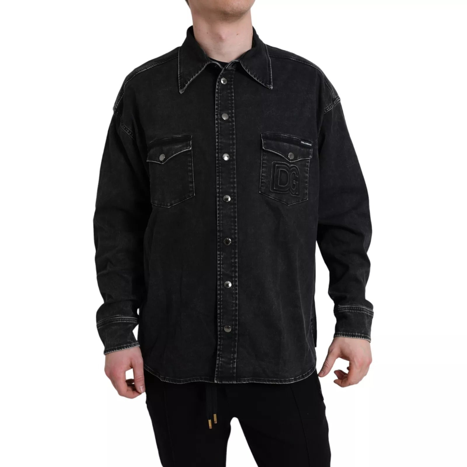 Dolce & Gabbana Schwarzes Baumwoll-Langarm-Jeans Freizeithemd