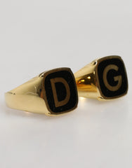 Dolce & Gabbana Vergulde Echt Messing Zwarte Emaille "DG" Verstelbare Ringen