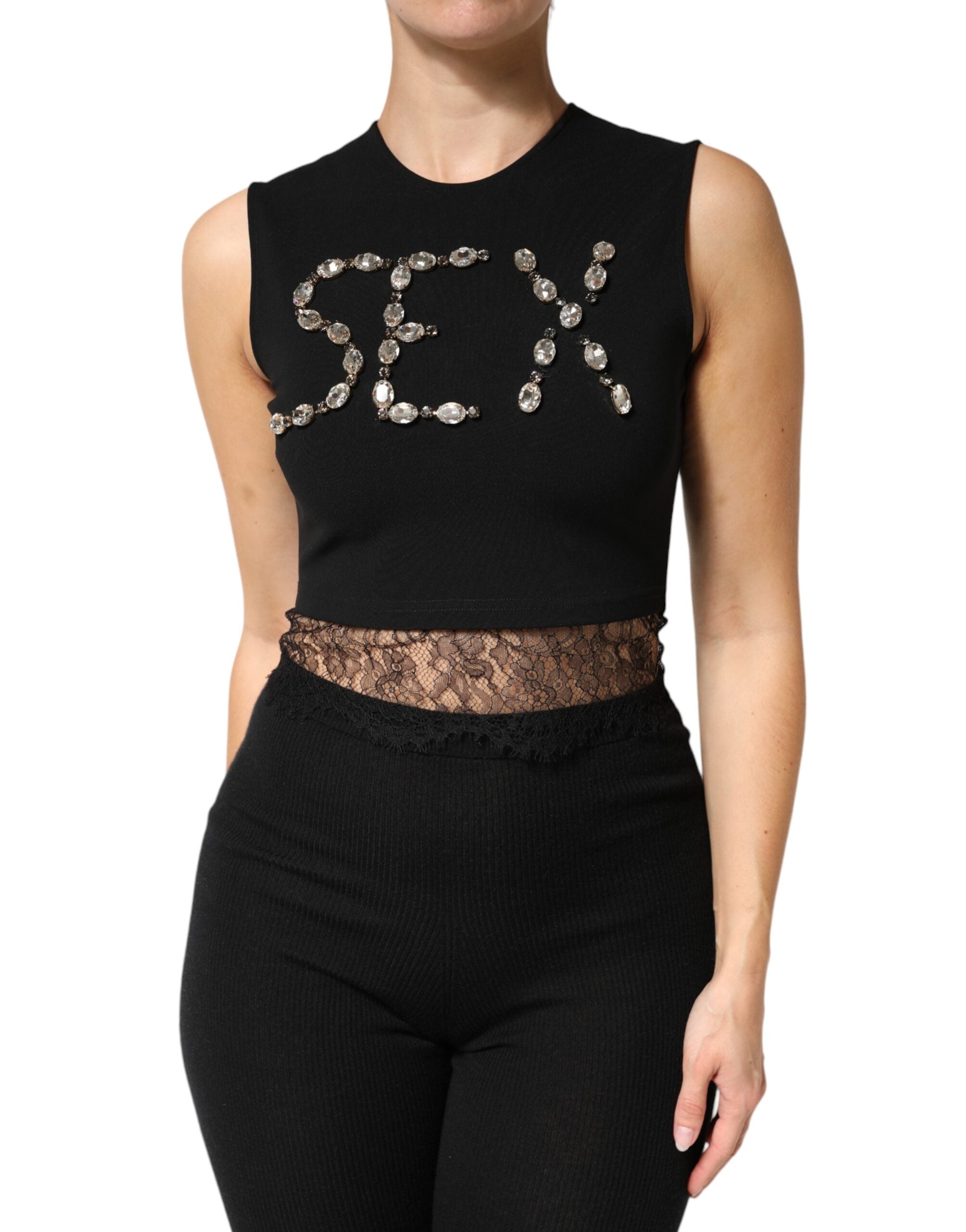 Dolce & Gabbana Schwarzes Jersey Trägertop mit Spitze, Raffungen und Strasssteinen