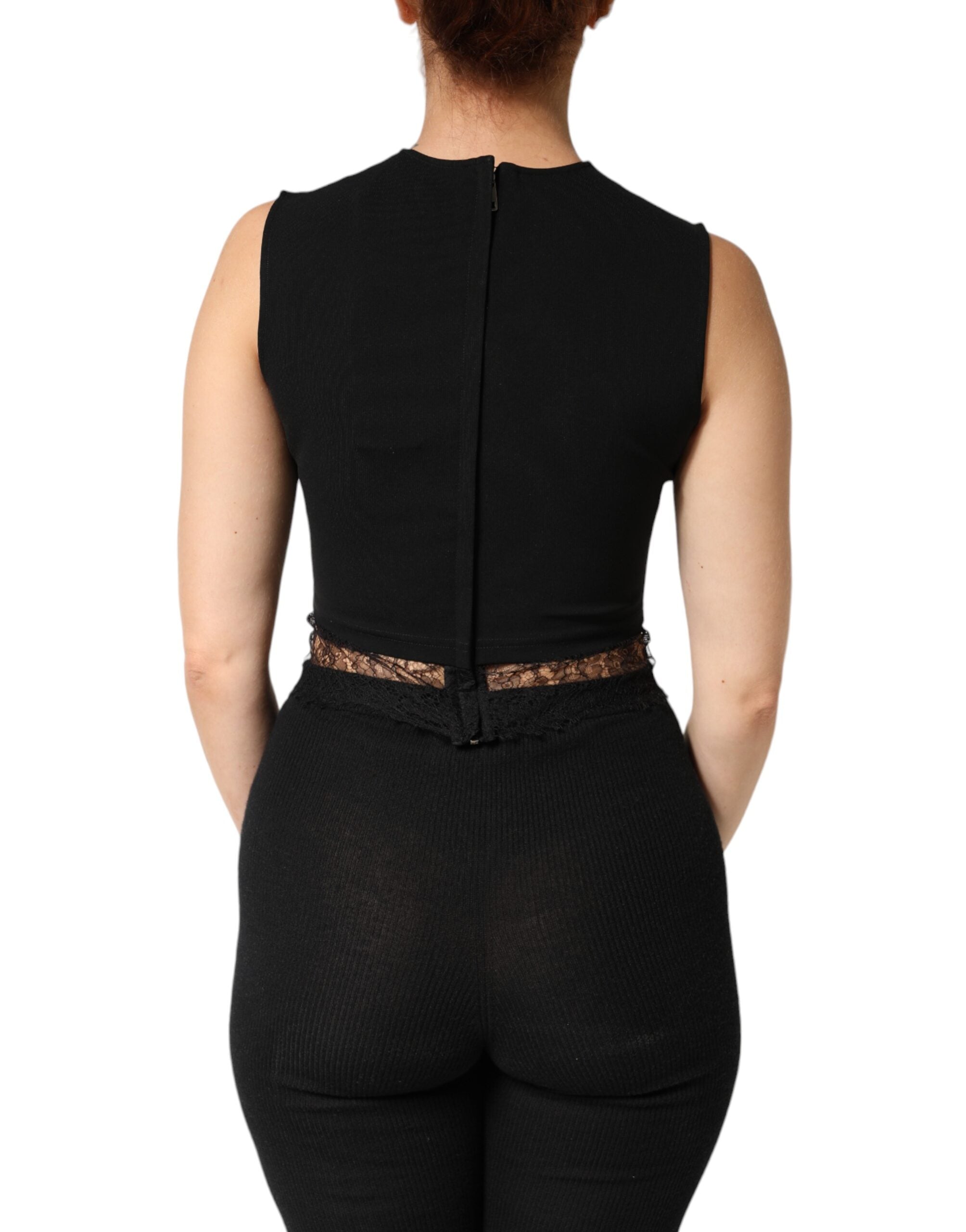 Dolce & Gabbana Schwarzes Jersey Trägertop mit Spitze, Raffungen und Strasssteinen