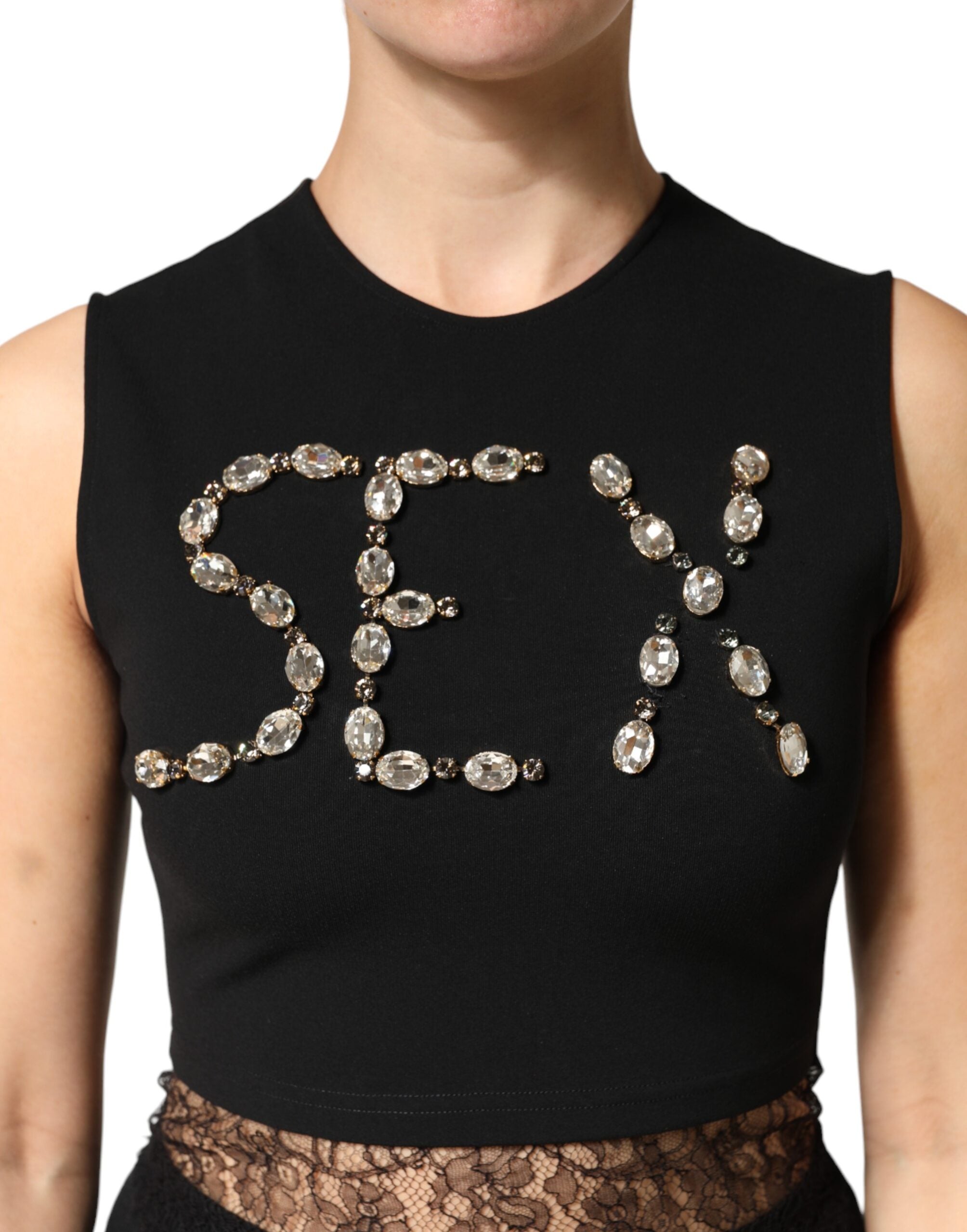 Dolce & Gabbana Schwarzes Jersey Trägertop mit Spitze, Raffungen und Strasssteinen
