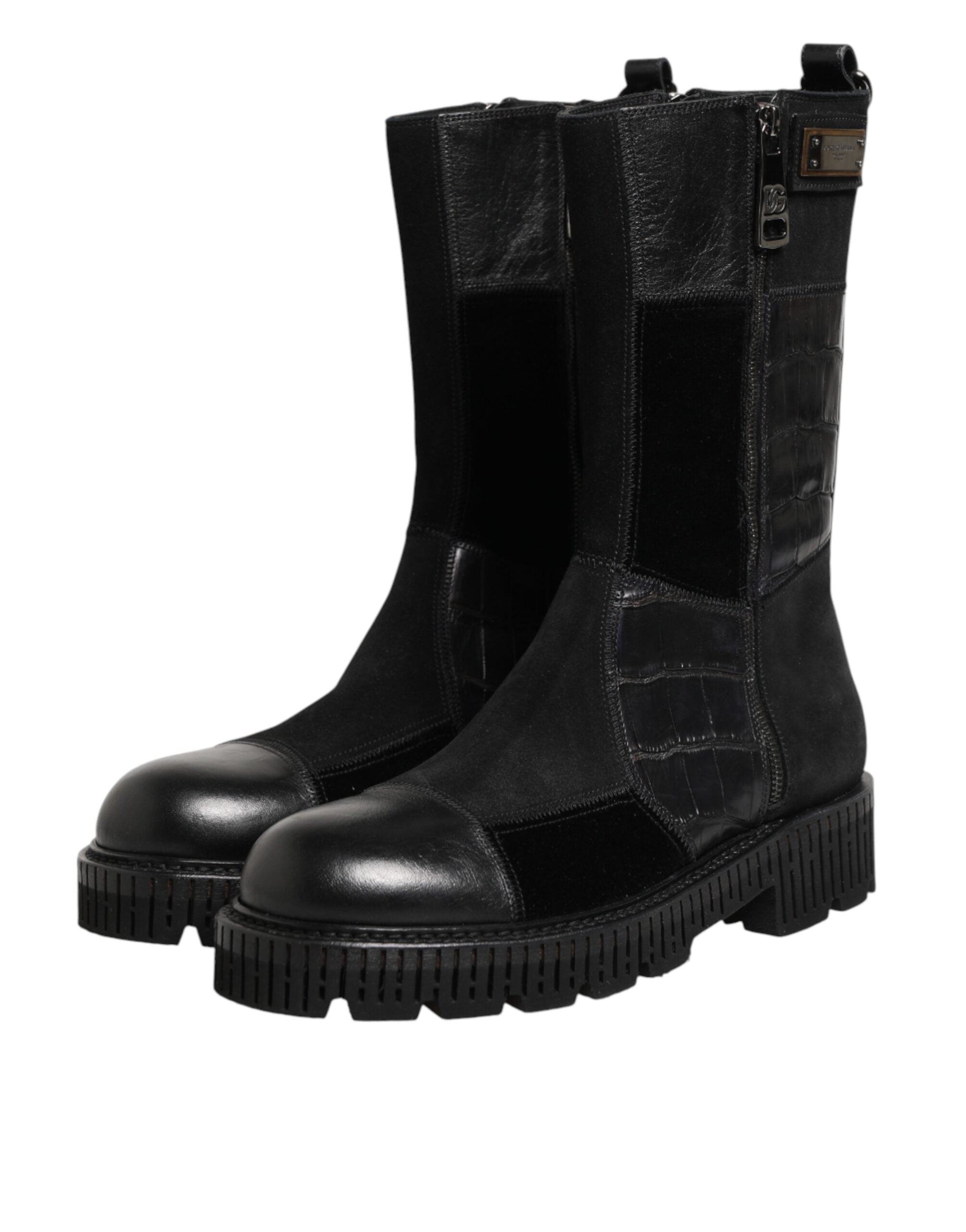 Dolce & Gabbana Zwarte Patchwork Leren Halfhoge Laars Schoenen