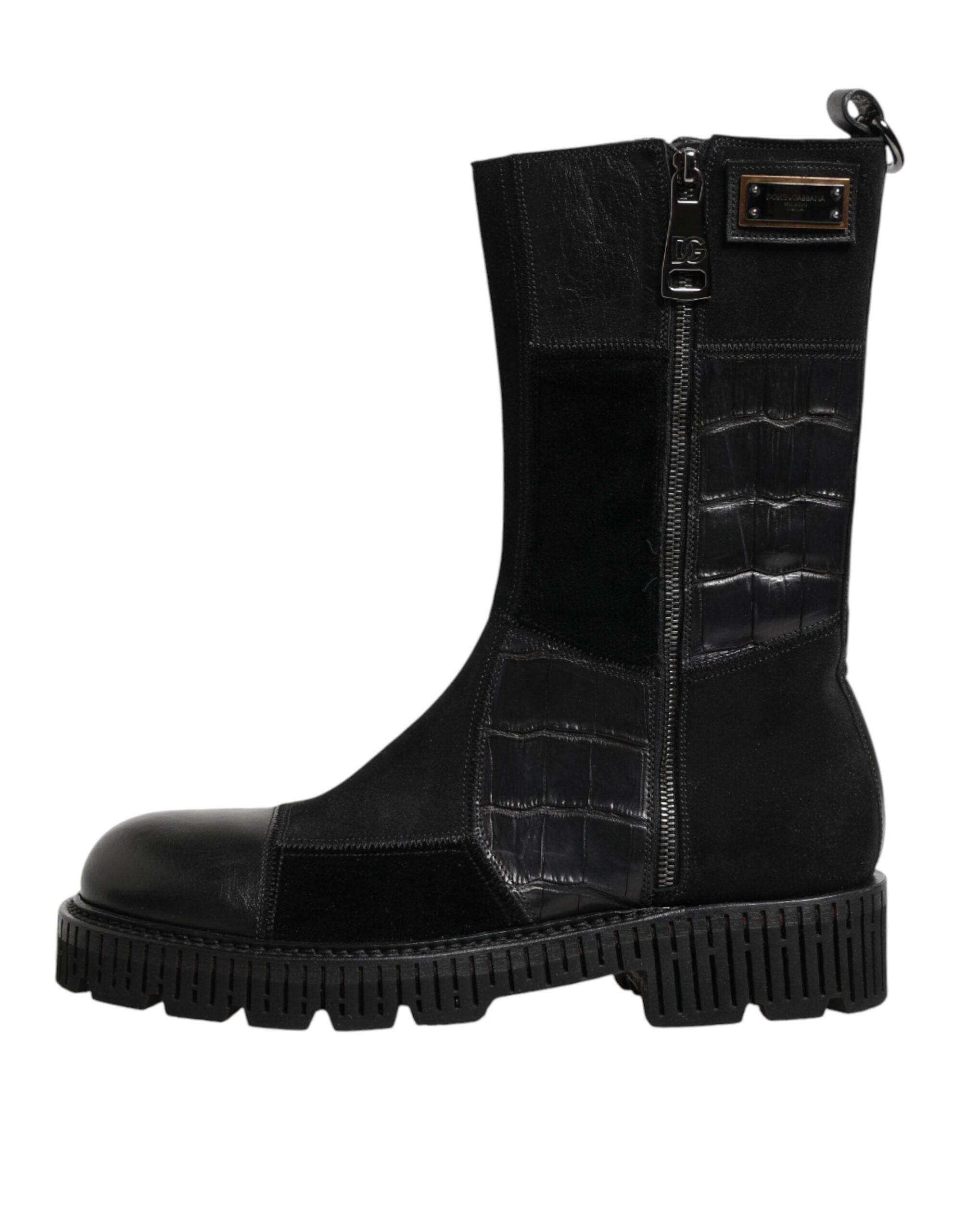 Dolce & Gabbana Zwarte Patchwork Leren Halfhoge Laars Schoenen
