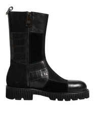 Dolce & Gabbana Zwarte Patchwork Leren Halfhoge Laars Schoenen