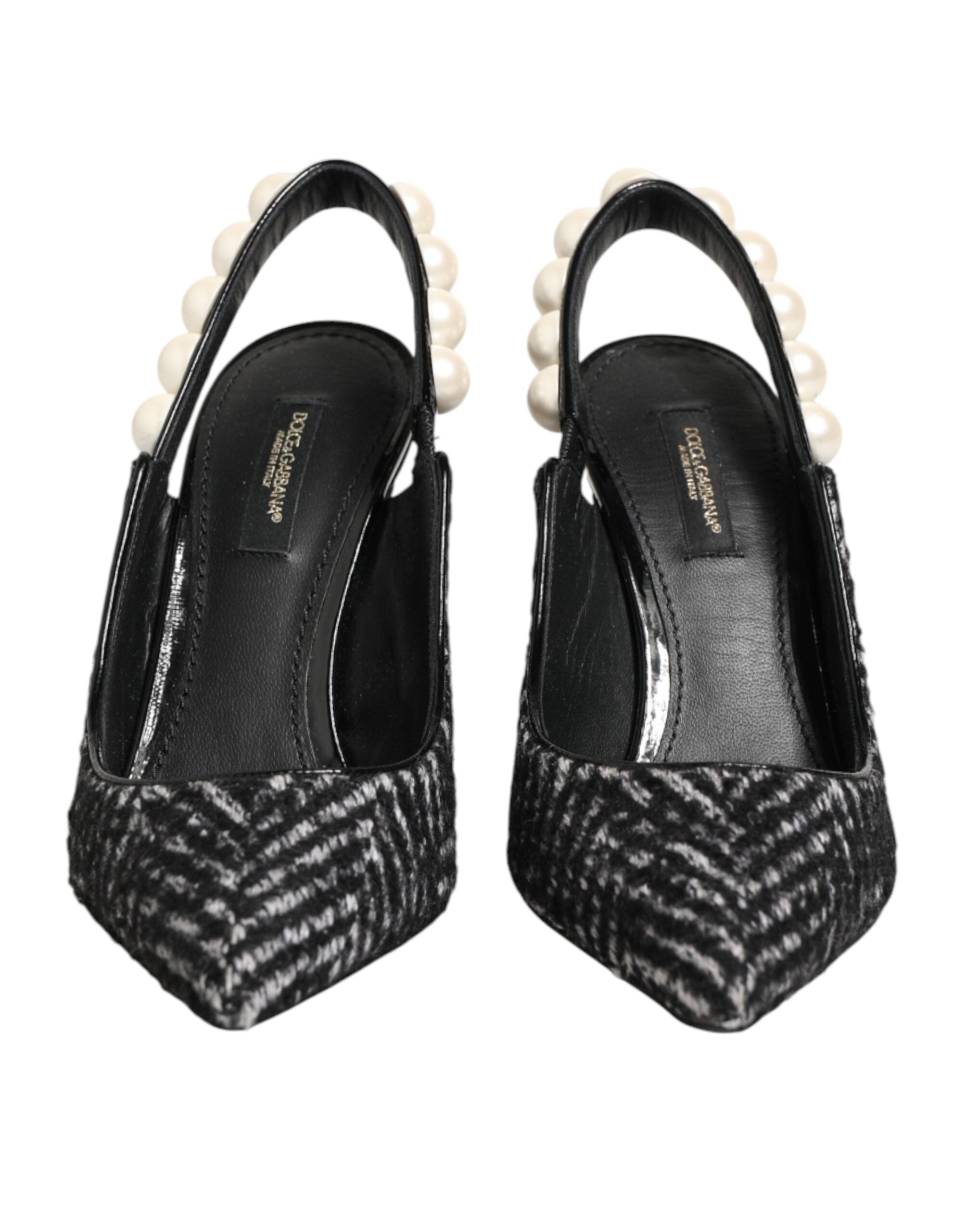 Dolce & Gabbana Weiße schwarze Chevron-Slingbacks mit Kunstperlen
