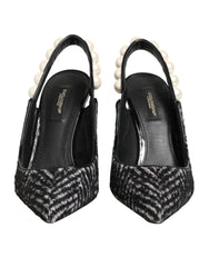 Dolce & Gabbana Weiße schwarze Chevron-Slingbacks mit Kunstperlen