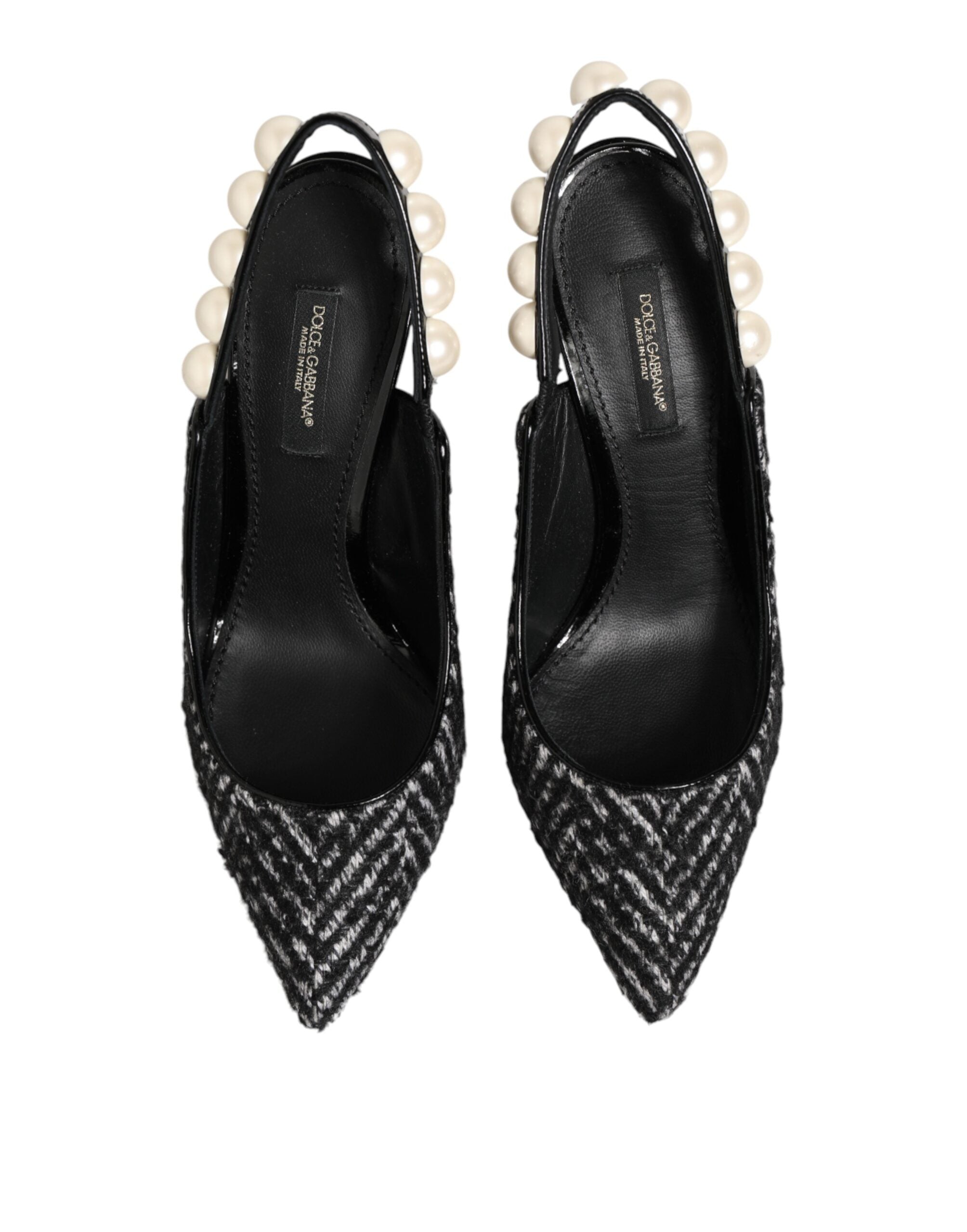 Dolce & Gabbana Weiße schwarze Chevron-Slingbacks mit Kunstperlen