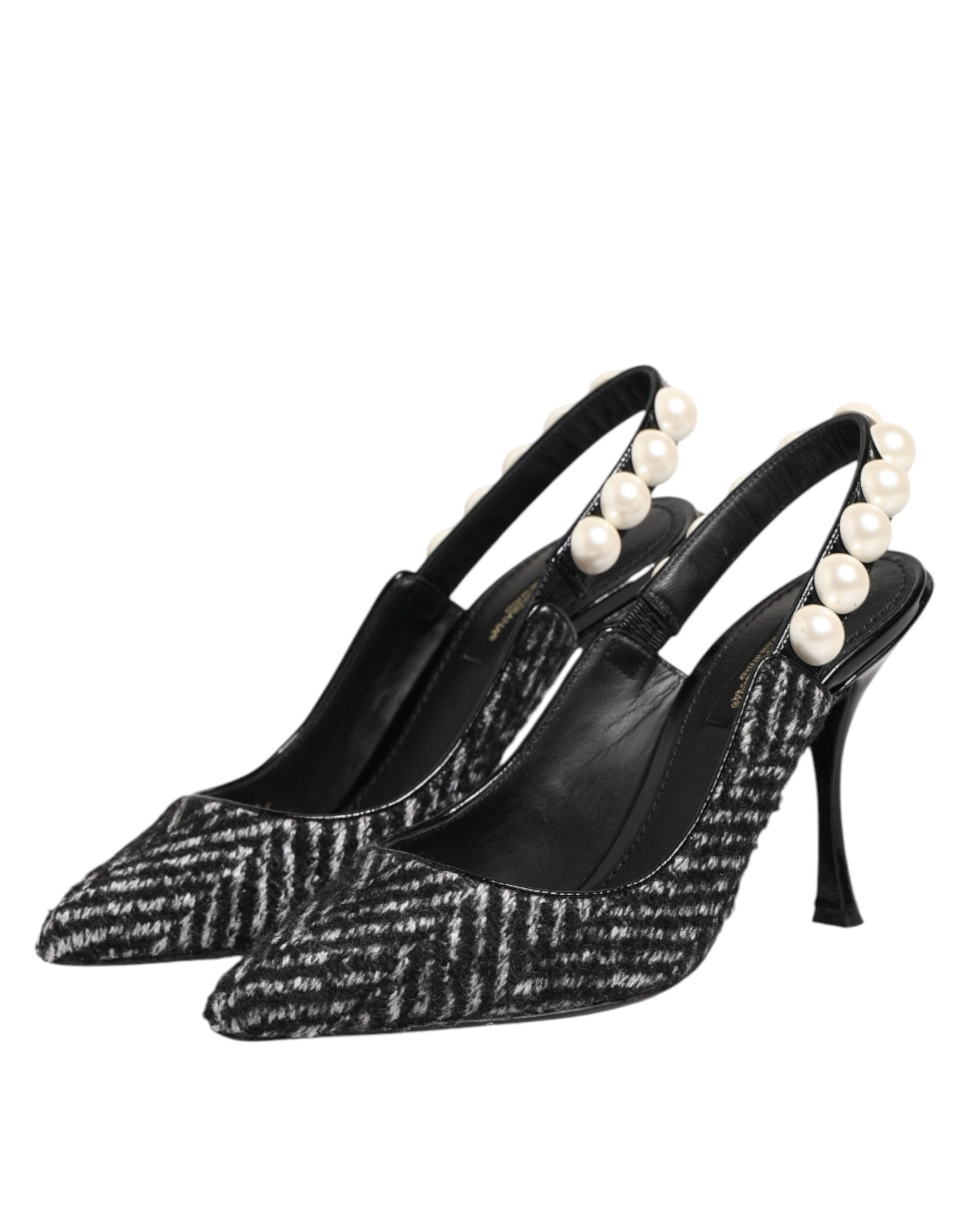 Dolce & Gabbana Weiße schwarze Chevron-Slingbacks mit Kunstperlen