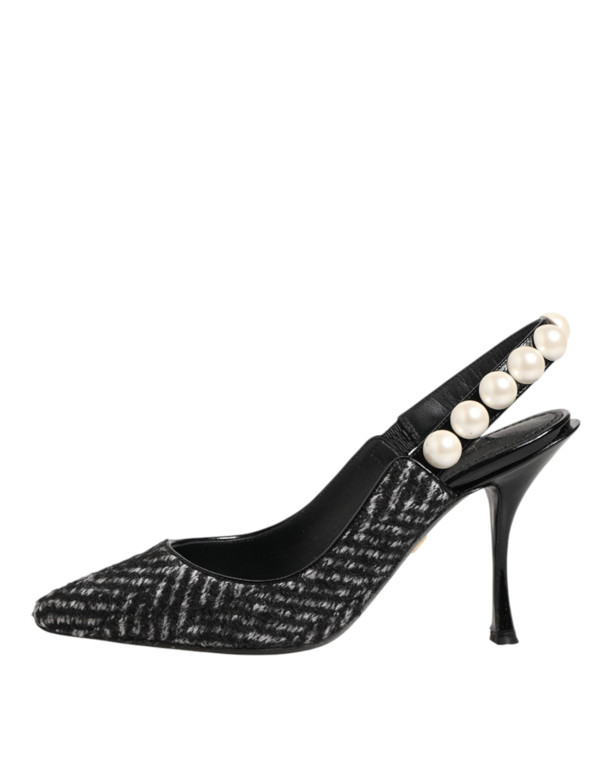 Dolce & Gabbana Weiße schwarze Chevron-Slingbacks mit Kunstperlen