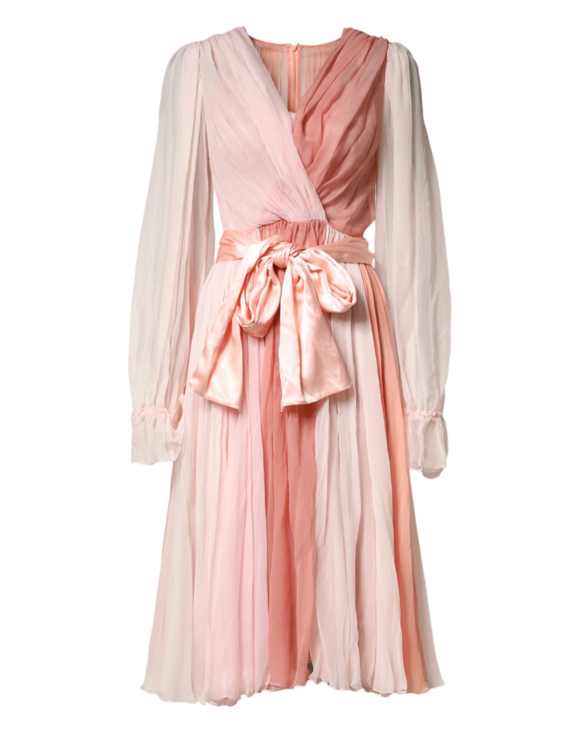 Dolce & Gabbana Rosafarbenes Seidentüll-Kleid mit langen Ärmeln und V-Ausschnitt