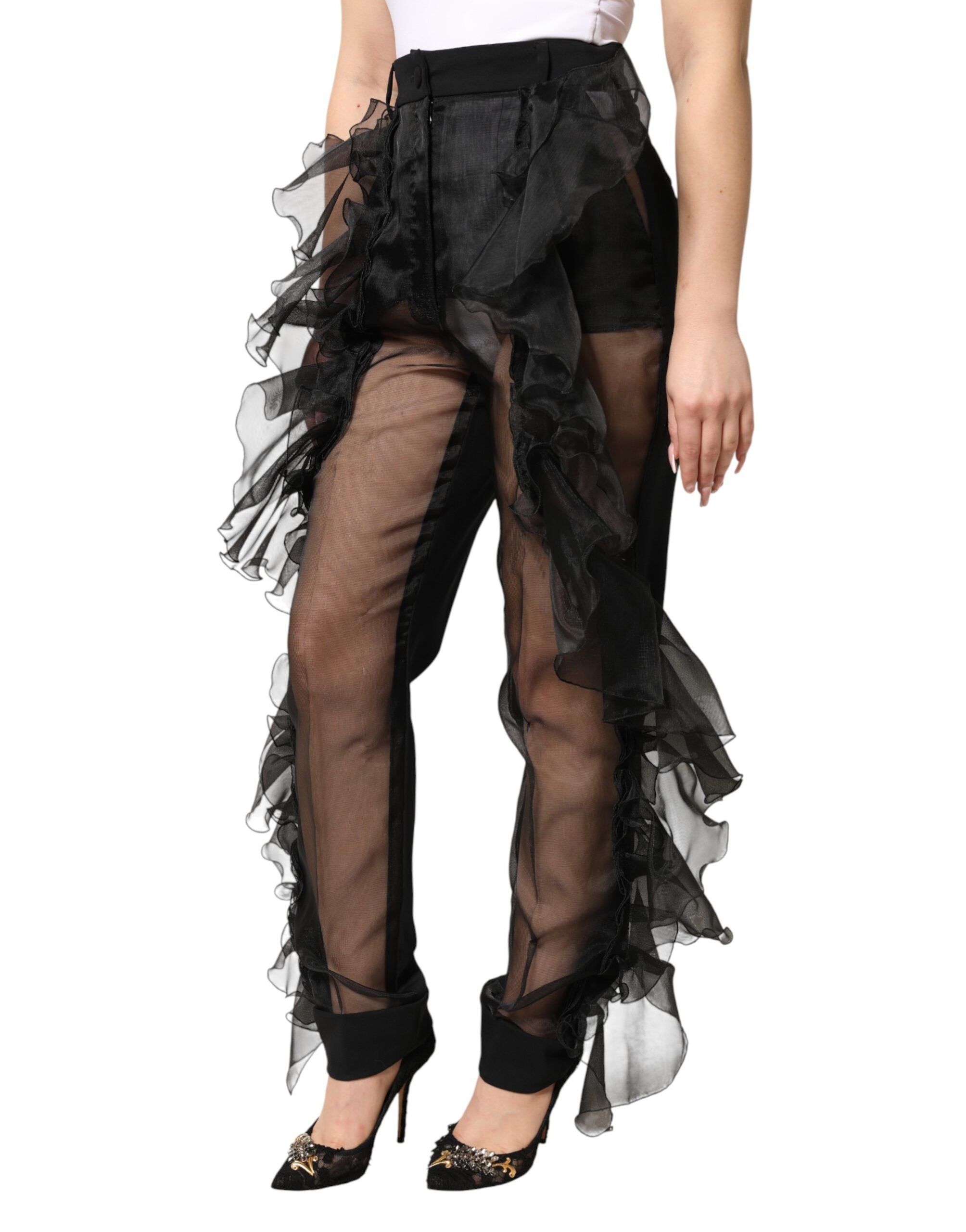 Dolce & Gabbana Schwarze Hose aus Tüll und Wolle mit hohem Bund