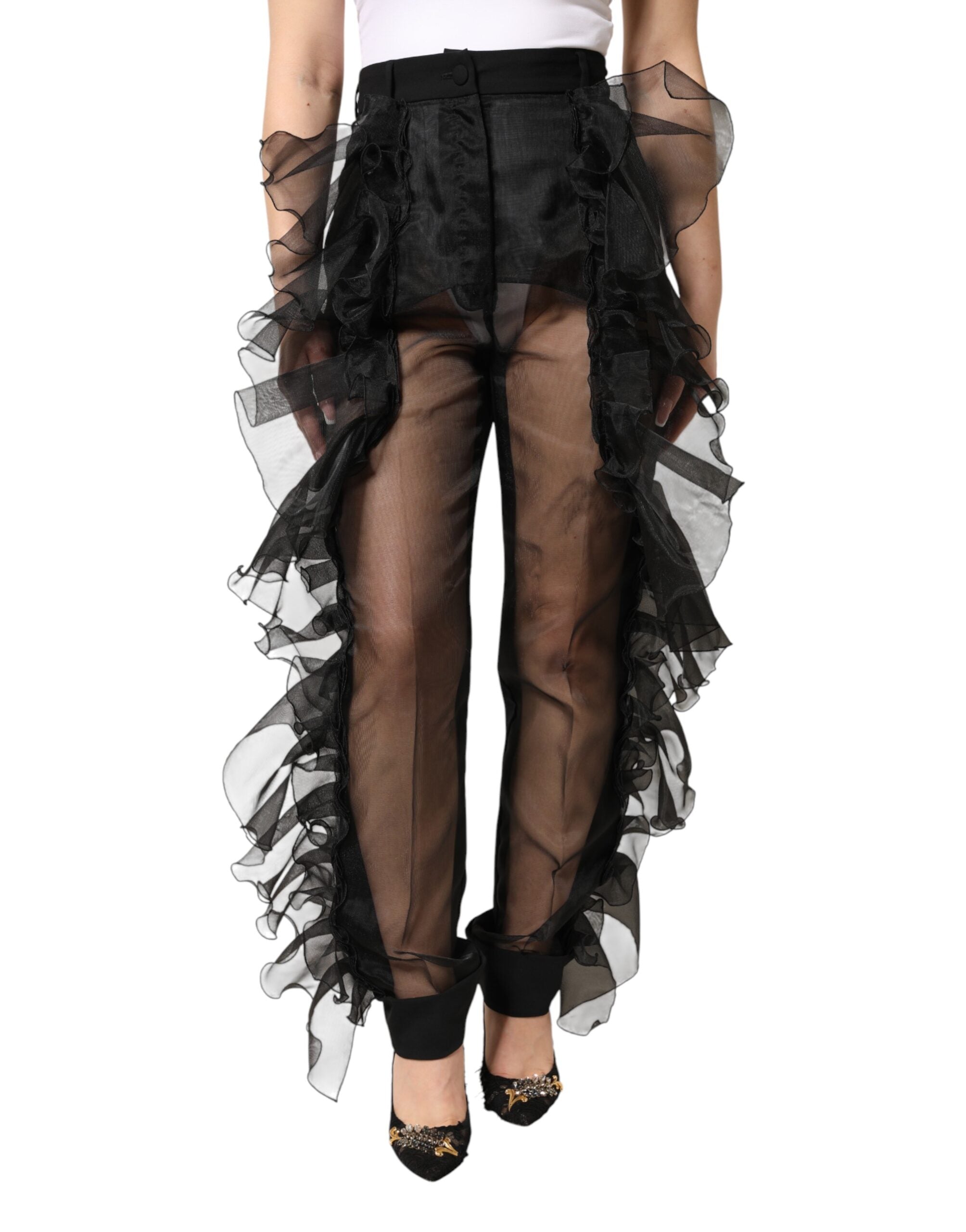 Dolce & Gabbana Schwarze Hose aus Tüll und Wolle mit hohem Bund