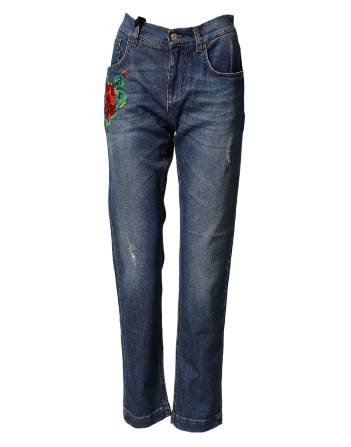 Dolce & Gabbana Blaue Jeans mit Blumenstickerei im Boyfriend-Stil